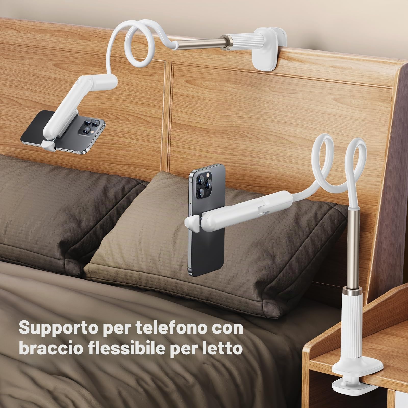 Supporto per telefono a collo di cigno per letto, supporto flessibile per telefono da scrivania, supporto per telefono lungo con mini morsetto girevole a 360°, larghezza 6,5 ~ 8 cm, compatibile