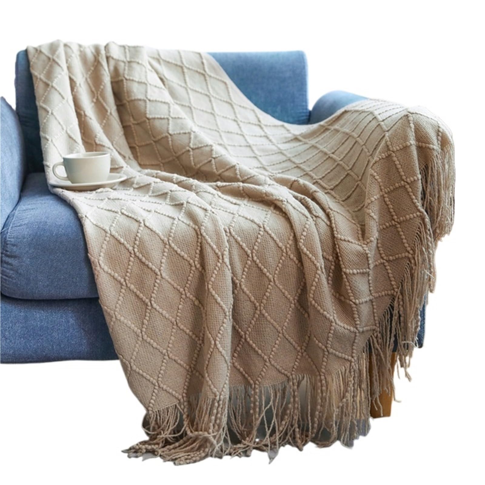 KiddiBubzi Soft Cozy Vintage Textured Knitted Throw Blankets With Tassels Lightweight Decorative Throws Farmhouse Woven Blanket For Adults(Color 7)