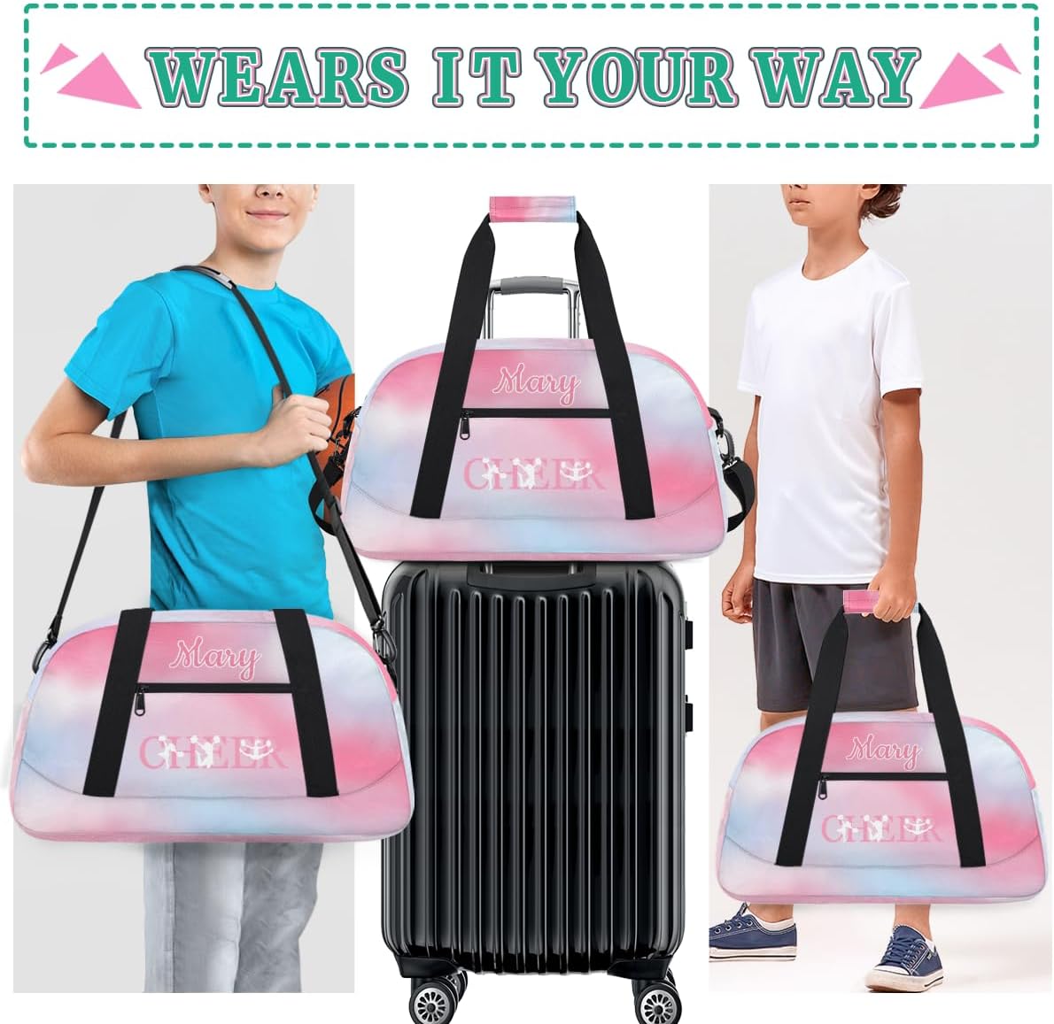 Personalized Cheer Bag Girl Sport Duffel Bag, Custom Kids Gym Bag, Customize Travel Duffle Bag with Name, Overnight Weekender Bags,Lightblue Pink Gradient, Cheerleading Gifts