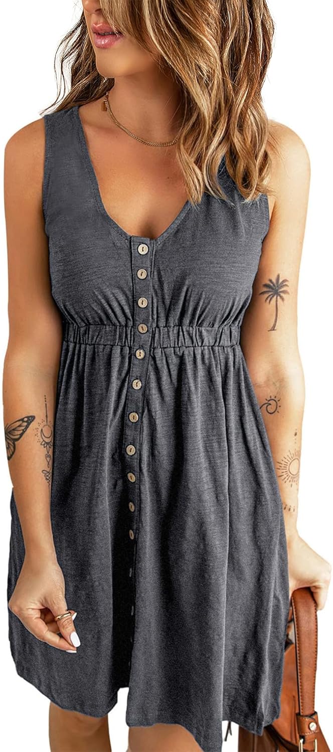 BTFBM Women Sleeveless Summer Dress 2025 Crewneck Ribbed Knit Ruffle Swing Button Down Beach Sun Mini Tank Short Dresses