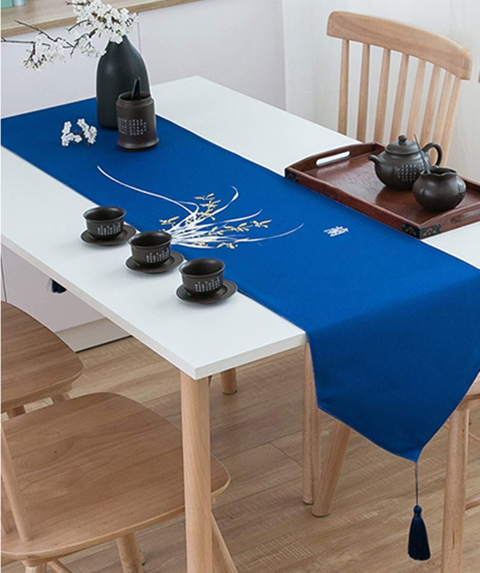 Runner da tavola natalizio rustico, per feste da tè, 33 x 270 cm, in poliestere, motivo orchidea blu, lavabile