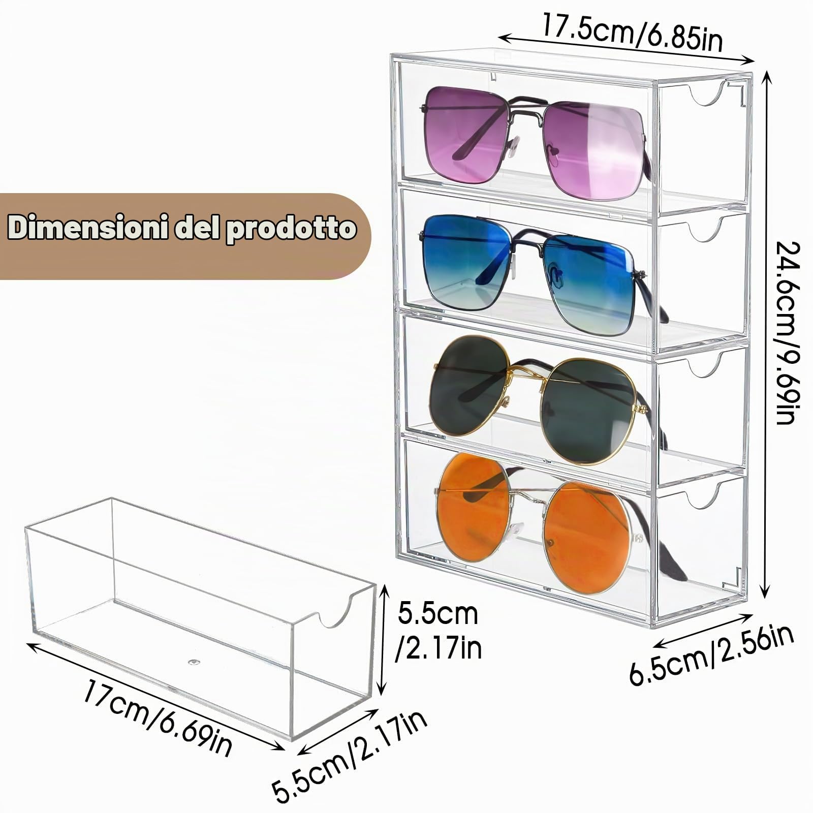 Scatola di immagazzinaggio trasparente per occhiali, 2 pezzi, organizer per occhiali da sole, 4 cassetti per occhiali, orologi e gioielli