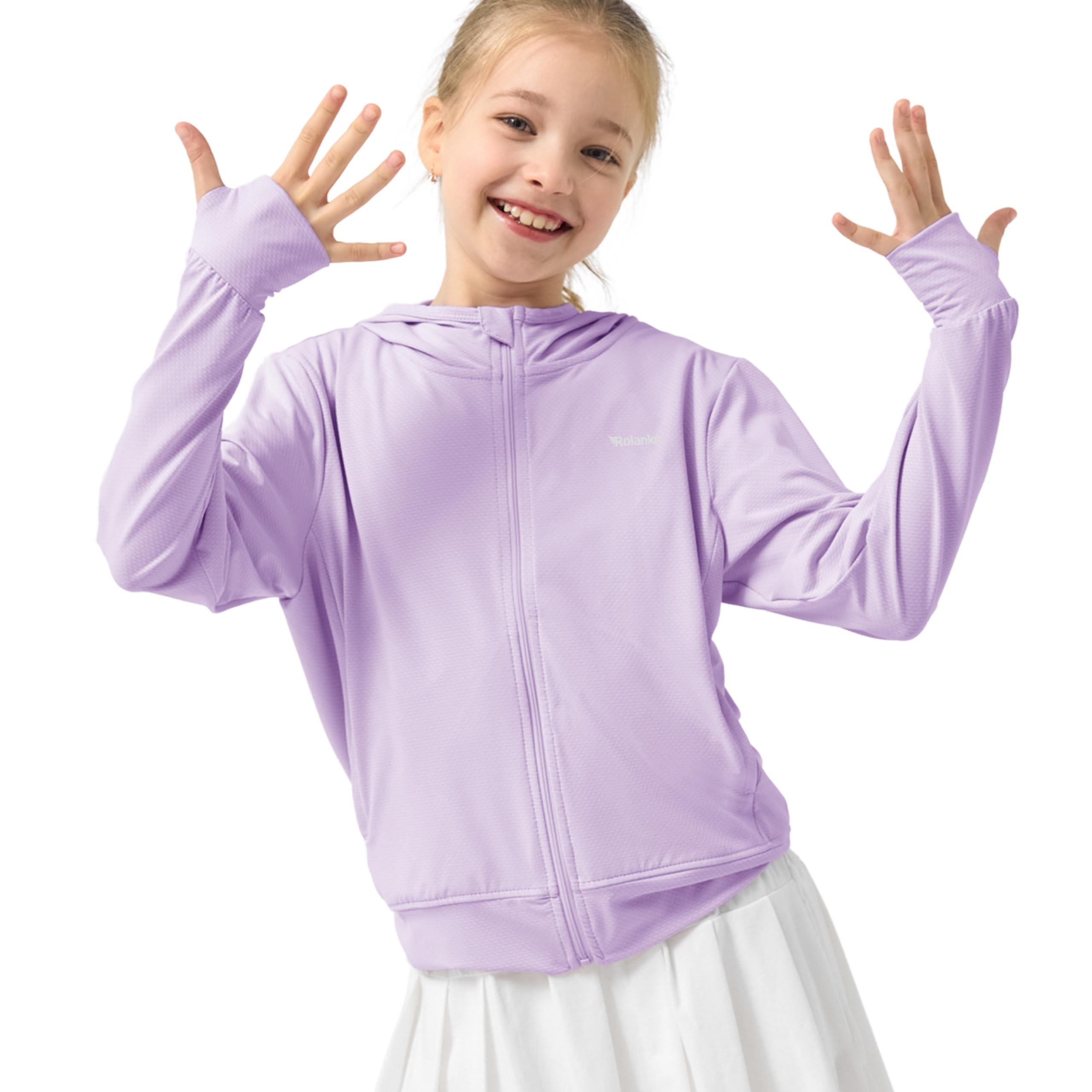 Rolanko Giacca Estiva per Ragazze con Fori per i Pollici Manica Lunga Protezione Solare Asciugatura Rapida Felpa con Cappuccio con Cerniera Top Rash Guard per Bambini