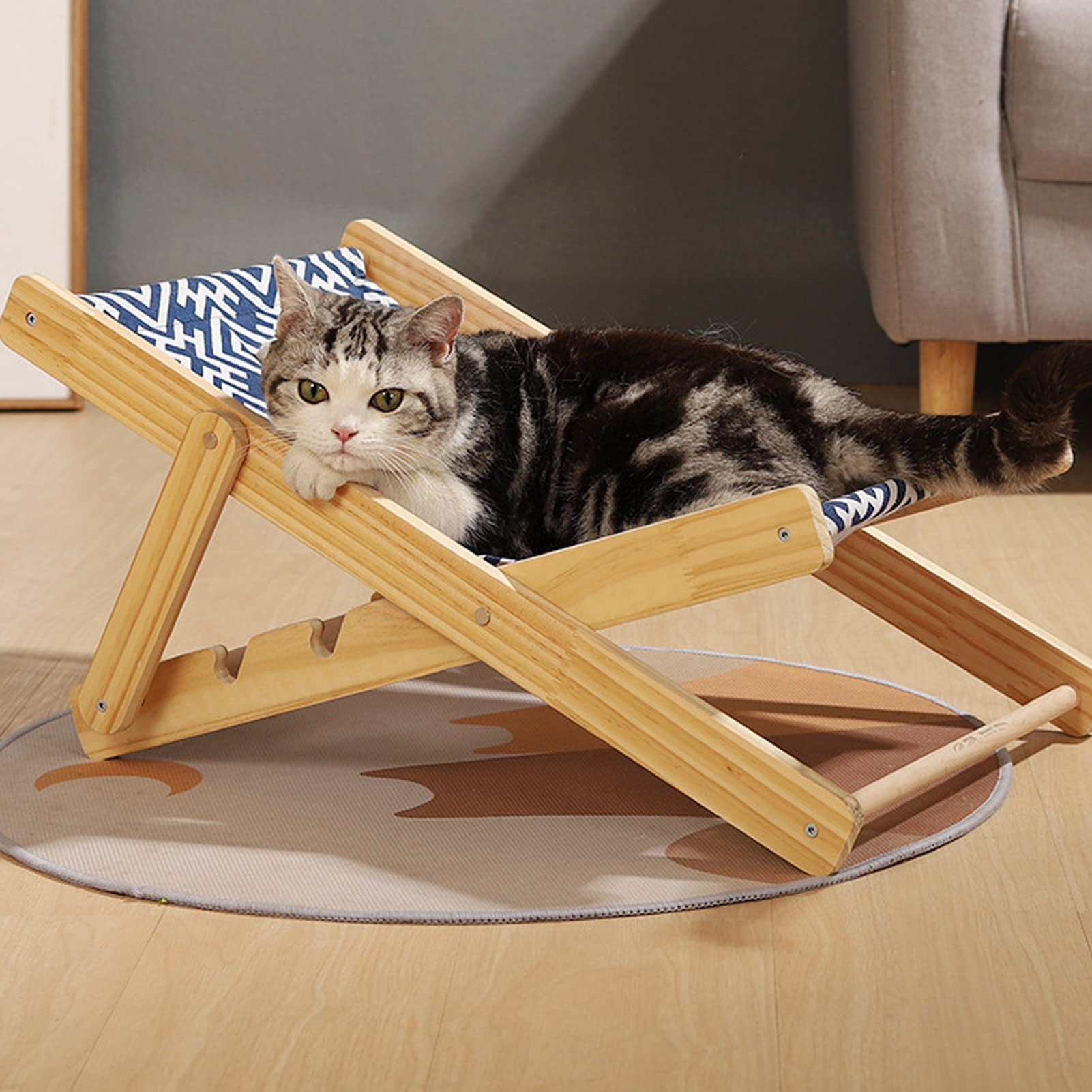 Lit Hamac pour Chat, Lit Surélevé pour Chat avec Grattoir en Sisal Durable, Grattoir en Sisal Durable et sans Perte, Chaise en Bois pour Chat, Meubles pour Chat de Mini Chaise de Plage pour(Toile)