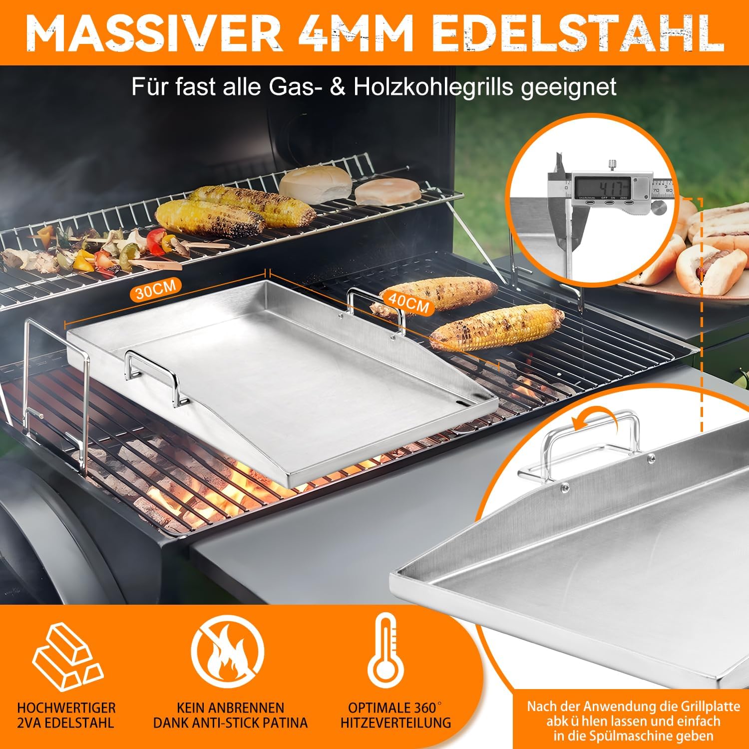 Premium Plancha Grillplatte Set - 40 x 30 cm - Grillplatte für BBQ Gasgrill & Kohlegrill - 4mm Dicke Plancha Gasgrill - Edelstahl mit Grillspachtel Set