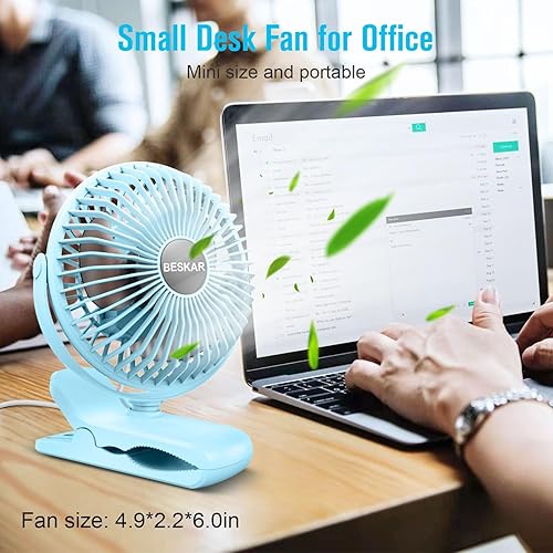 Vista 2 de BESKAR Clip on Fan, Portable Small Desk Fans with Strong Airflow, 3 Speeds with Personal Fans Sturdy Clamp, Quiet Desk Fan & Clip Fan with USB Cord