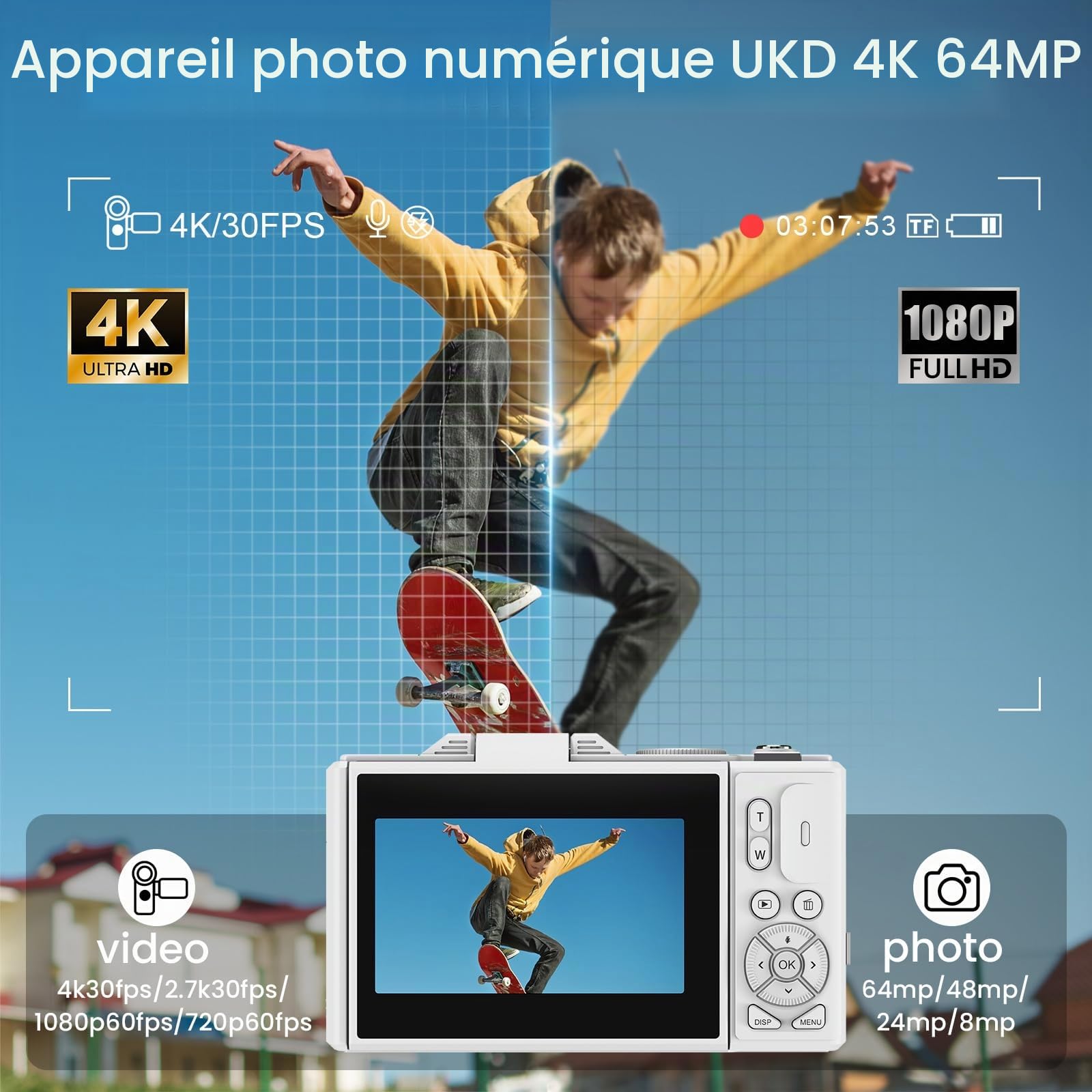 Appareil photo numérique 5K 75 MP, WiFi, zoom 18x, écran rabattable de 3