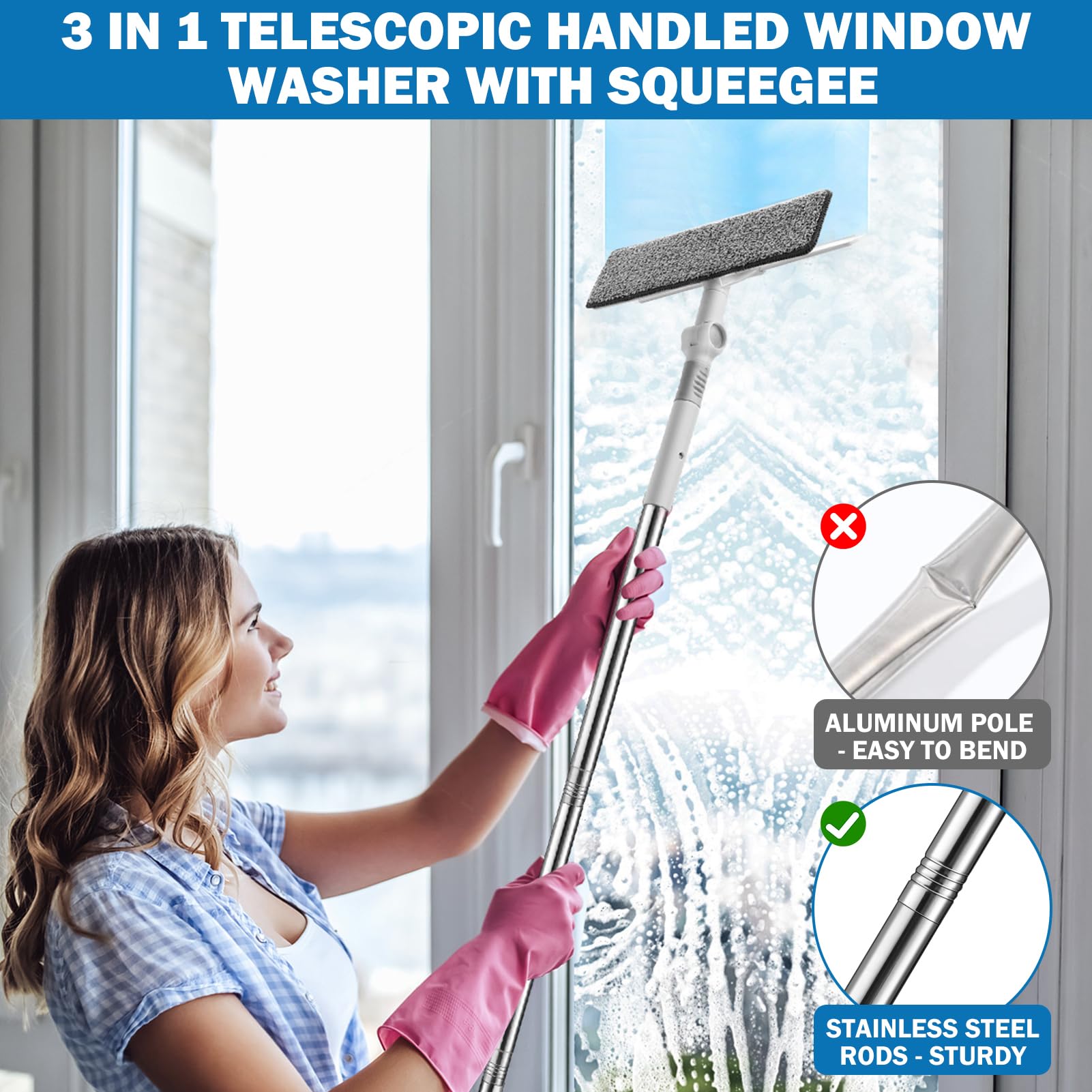 Tergipavimento Esteso per Finestre - Lavavetri Telescopico 3 in 1 con Manico Lungo con Tergipavimento, Kit di Strumenti per la Pulizia delle Finestre Girevole per Domestico Interno/Esterno