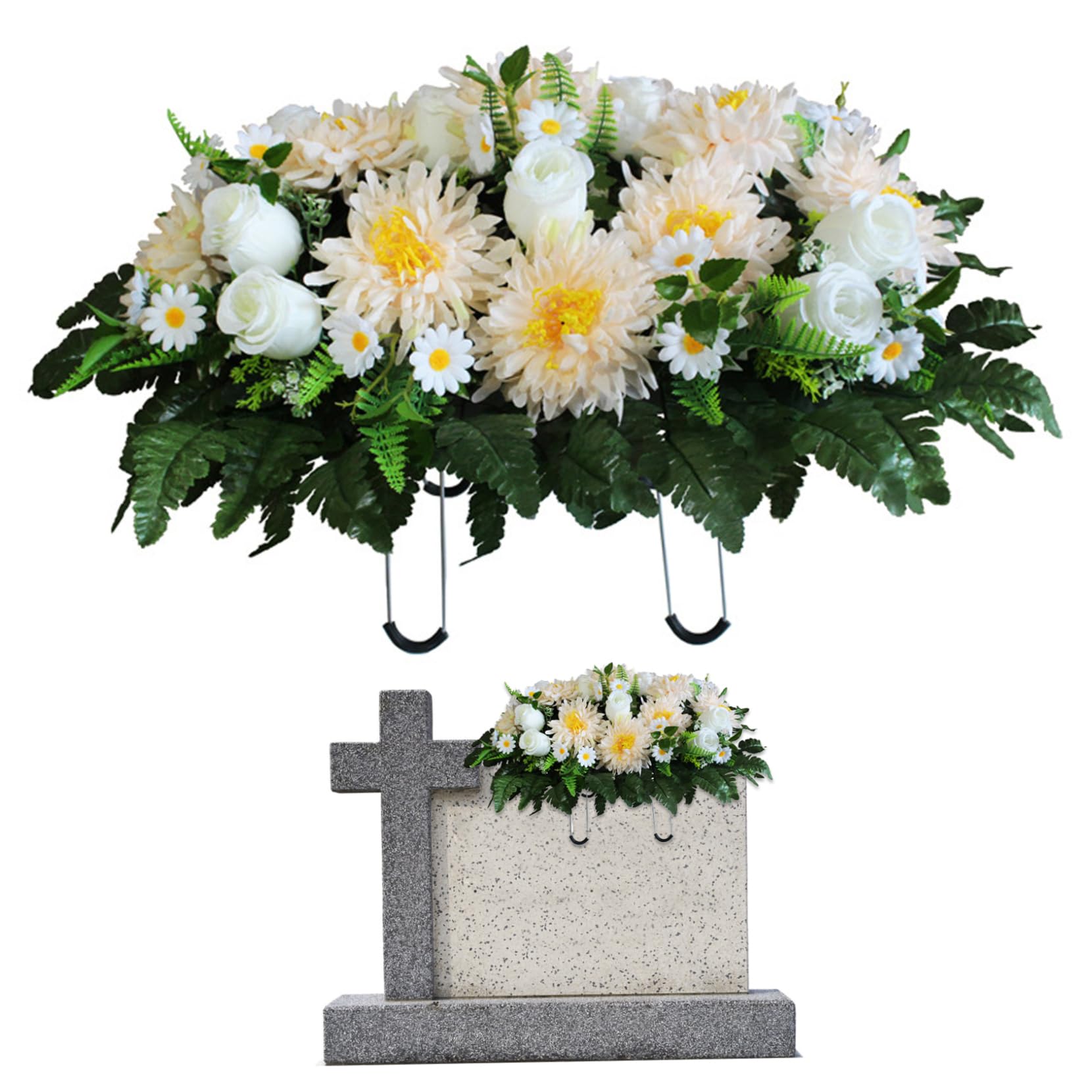 Garrrdenfurni Cemetery Flowers for Grave Artificial Grave Flowers Realistic Cemetery with Saddle Silk Chrysanthemum 25.2x18.5in Memorial Decorative, Champagne