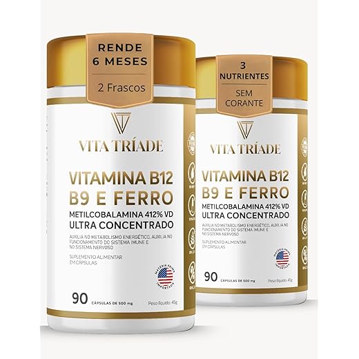 Vitamina b12 Concentrado 412% com Acido Fólico 150% e Ferro 100% - Kit 180 Cáps. Rendimento 6 meses