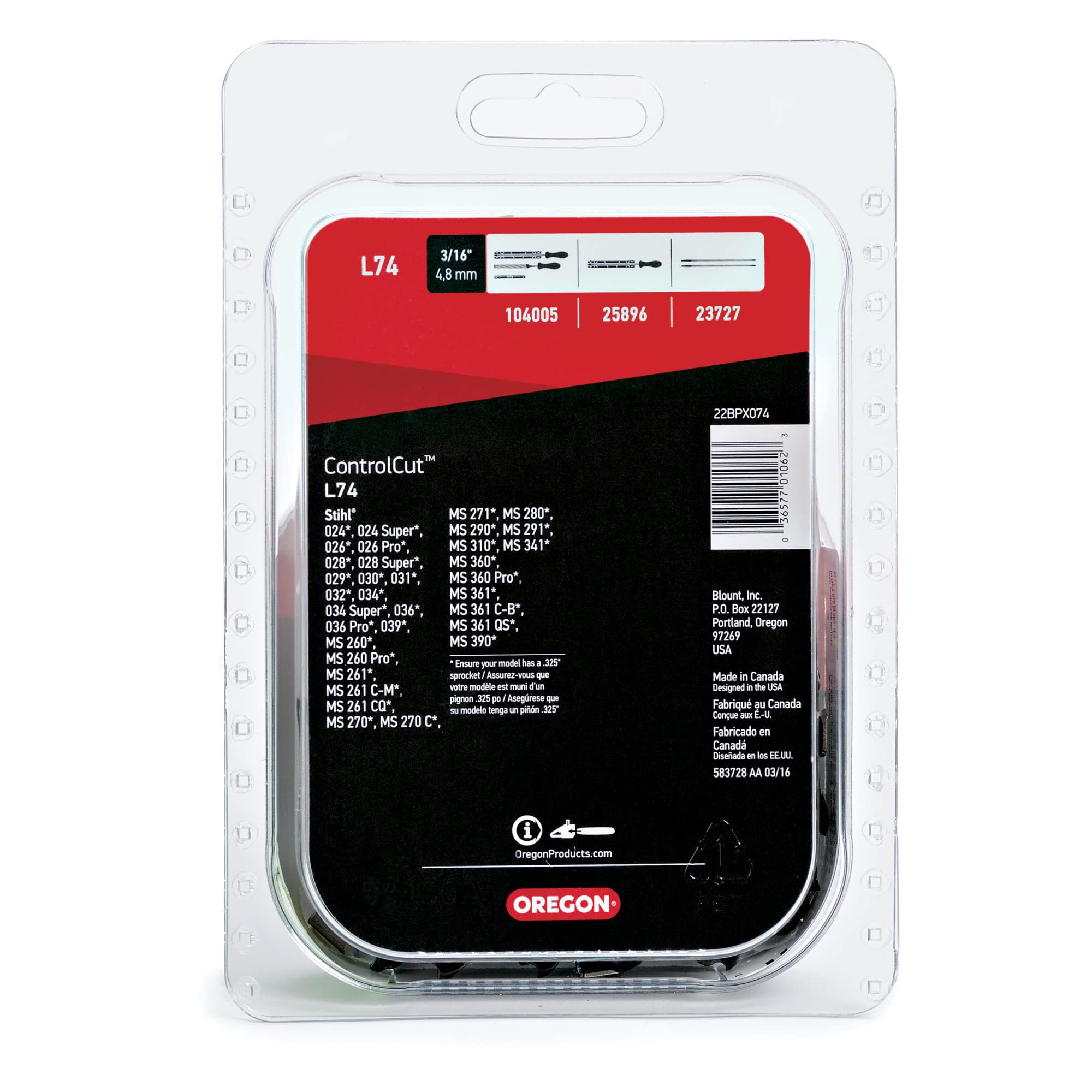 Oregon L74 ControlCut Replacement Chainsaw Chain for 18-Inch Guide Bar, 74 Drive Links, Pitch: .325" Low Vibration, .063" Gauge, Fits Stihl Models with 18" bars and .325" Sprockets