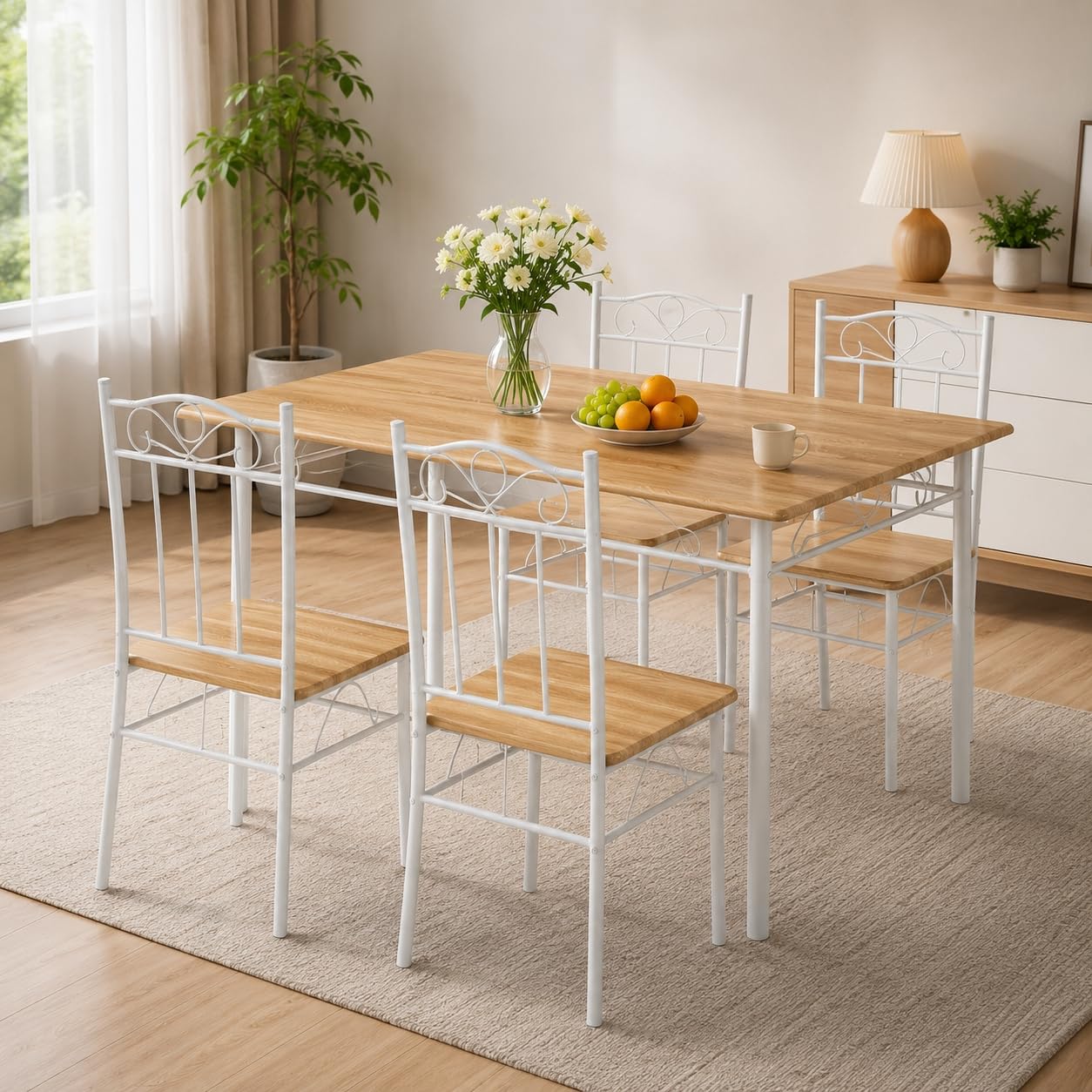 Essgruppe für 4 Personen, 4 Stühle, Esstisch 109x69 cm | 5-teilige Essgruppe mit Metallgestell und Holzoptik, ideal für Küche, Esszimmer, Wohnung und kleine Räume.