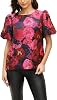 Kedera Womens Floral Jacquard Shirt Crewneck Puff Sleeve Blouse Elegant Work Shift Tops