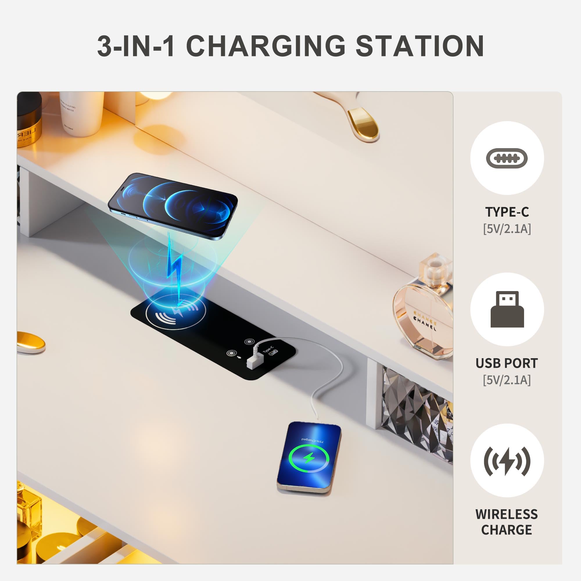 Gurexl Witte make-uptafel met spiegel, RGB led, make-uptafel met kruk, verlichting, schuifladen, glasplaat, 5 laden, haardrogerstandaard, USB Type-C