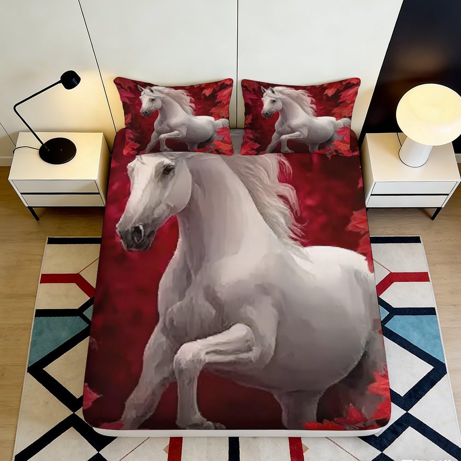 3D Printed White Horse Fitted Sheet Microfiber Soft Red Artistic Bed Cover for Bedroom Dorm Guest Mattress Decor 90x200x25cm