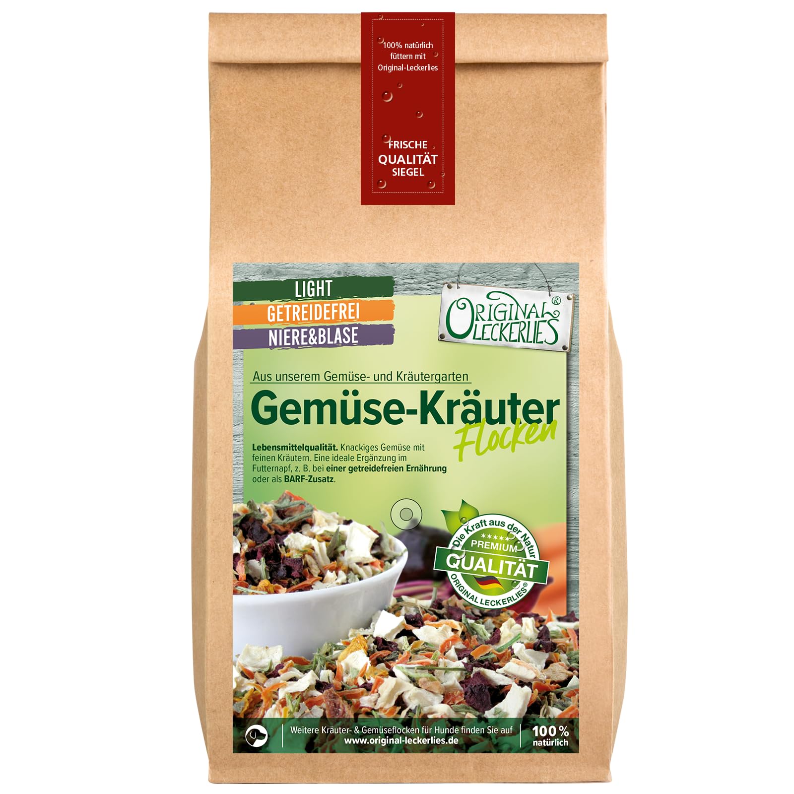 ORIGINAL LECKERLIES® Gemüse-Kräutermix, 5 kg getreidefreie Gemüseflocken mit Kräutern, Hundeflocken, Barf Zusatz Hund Hundefutter – Naturprodukt für Hunde