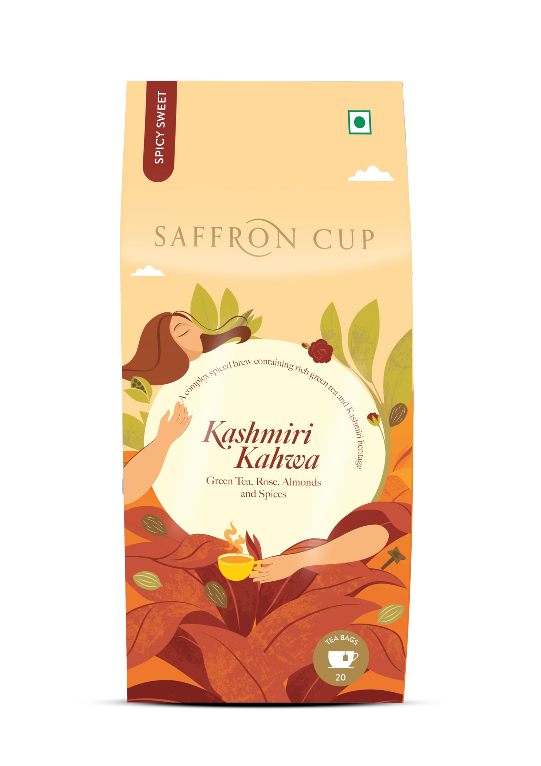 Saffron Cup Kashmiri Kahwa Green Tea - 20 Teabags, 40g | 100% Natural & Sweet Kahwa | Cinnamon, Almonds & Rose Petals | Boosts Metabolism & Digestion | Perfect Wellness Gift for loved ones (B07S5KVG5W) Amazon Price History, Amazon Price Tracker