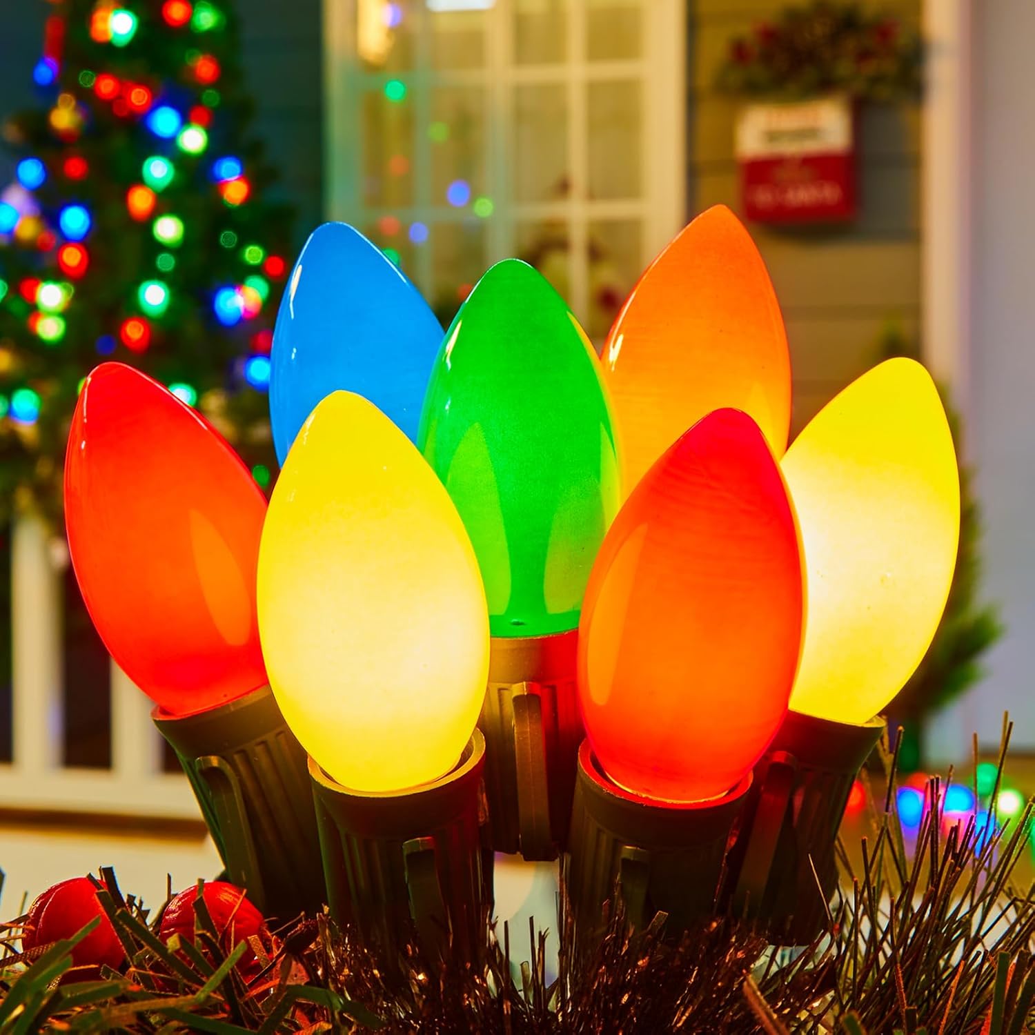 C9 Christmas Lights Outdoor Multicolor, 50 FT Vintage C9 Christmas String Lights for Christmas Holiday Indoor Room Roofline Backyard Garden Patio Home Xmas Decor, E17 Base, Green Wire Multicolor 50FT