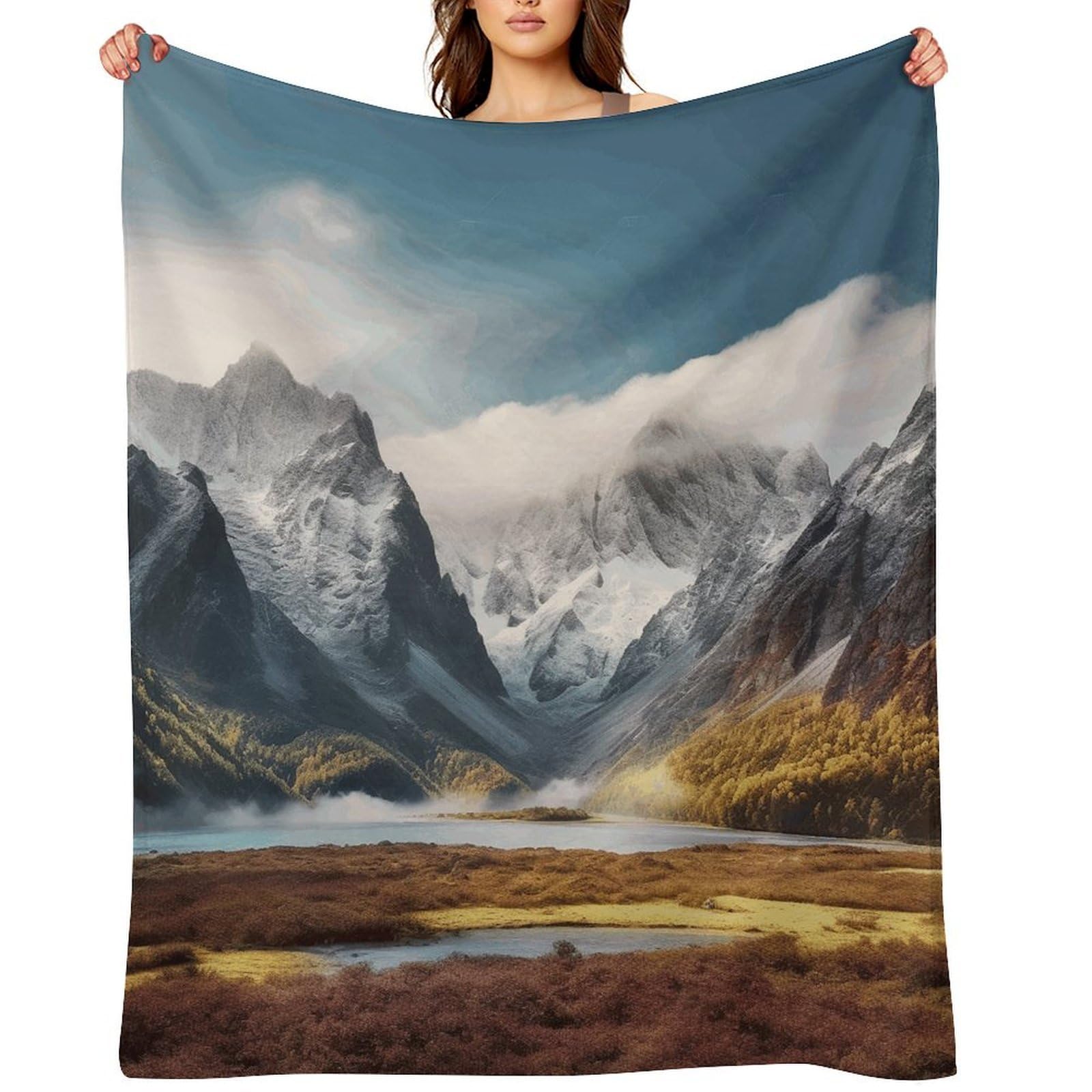 Flannel Fleece Throw Blanket - 60"x80" Super Soft Plush,Lightweight Wrinkle Resistant Cozy Travel Mountain Scenery Blanket for Couch Sofa Bed Travel Camping and Gift