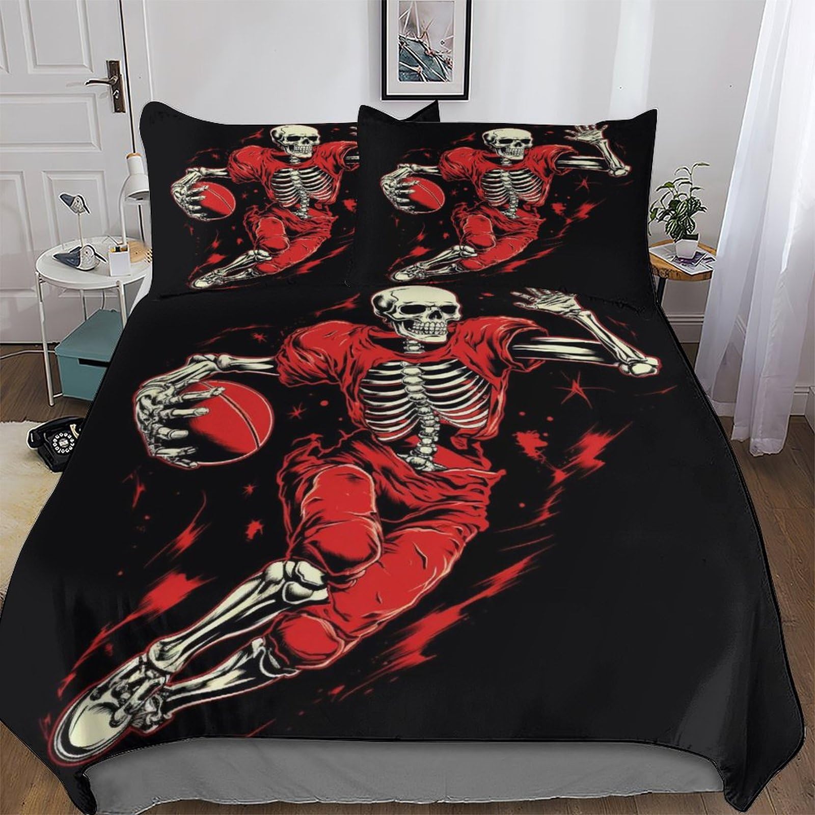 Parure de lit king en microfibre supérieure, housse couette motif crâne rugby et taies