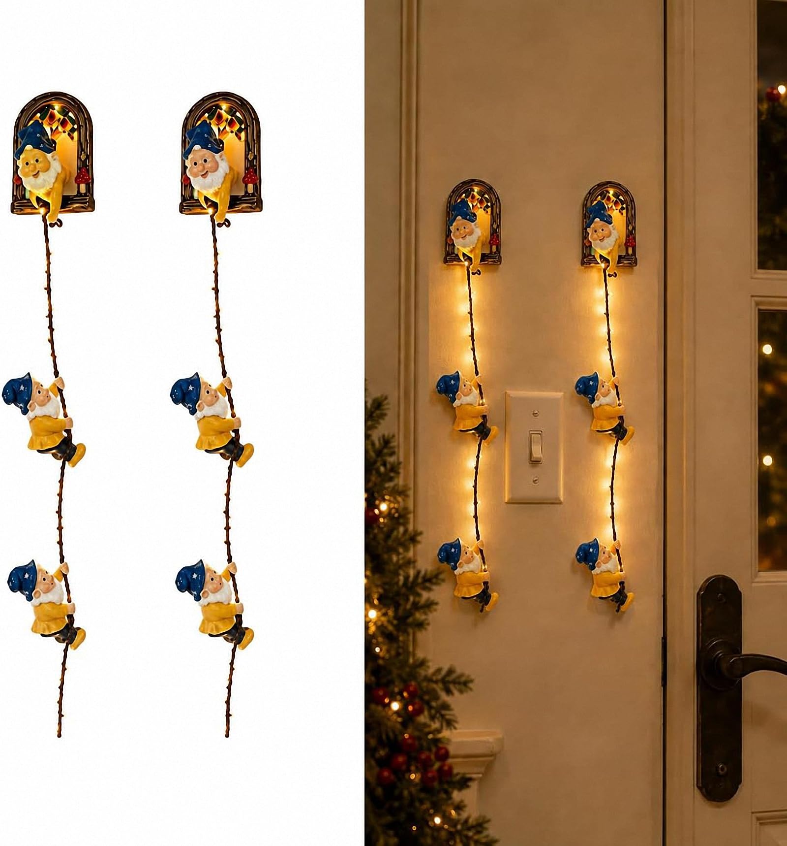 Christmas Gnome String Lights, Decoración Navideña Iluminada de Gnomo Trepador, Decoración Xmas Colgante para Repisa de Chimenea, Árbol de Navidad, Pared, Ventana, Sala de Estar，2 * Amarillo