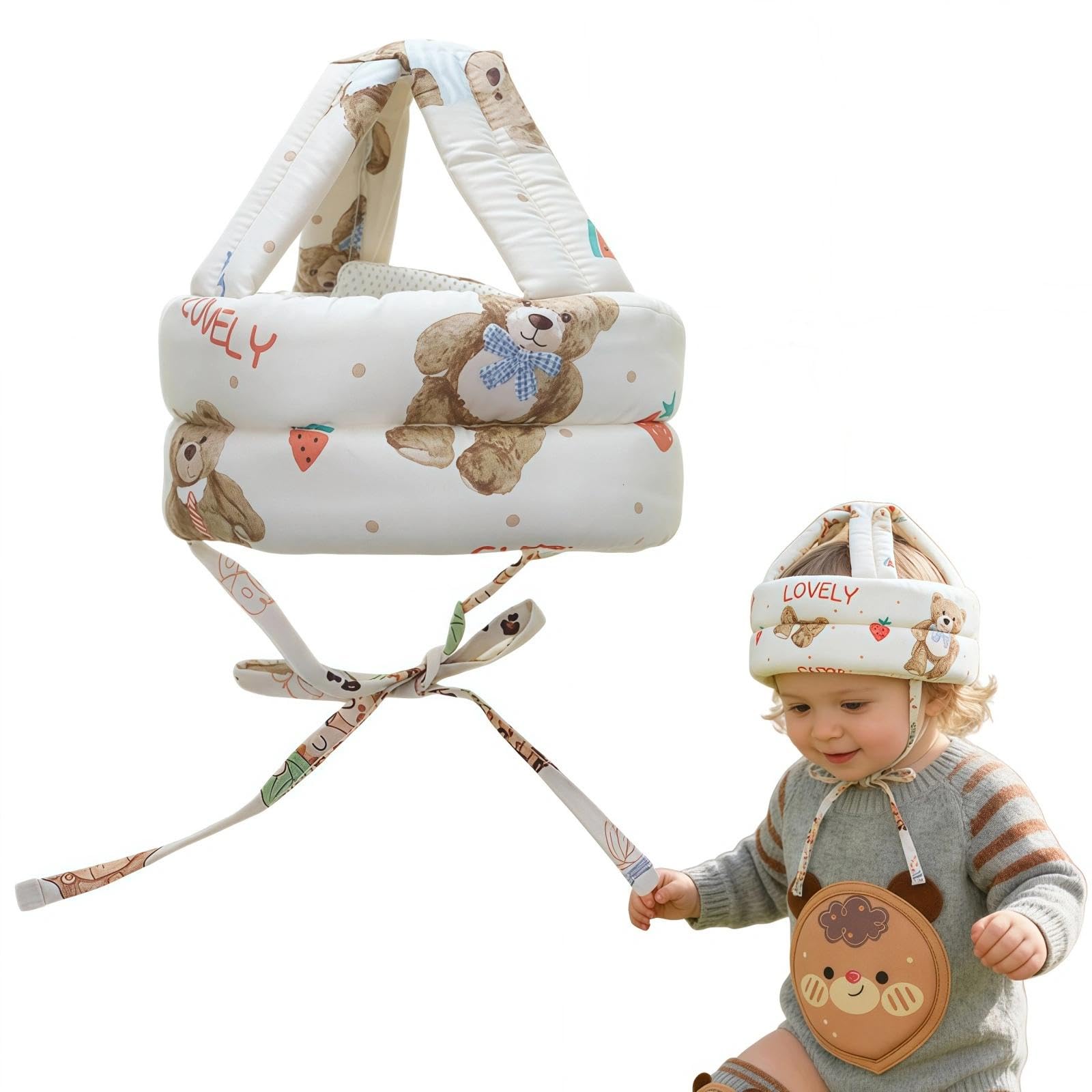 Muiltvoe Baby Head Protector and Knee Pads Set – Adjustable, Breathable Anti-Fall Safety Helmet for Toddlers 5-36 Months, Ideal for Learning to Walk Unisex (Bear Protective hat+Knee Pads)