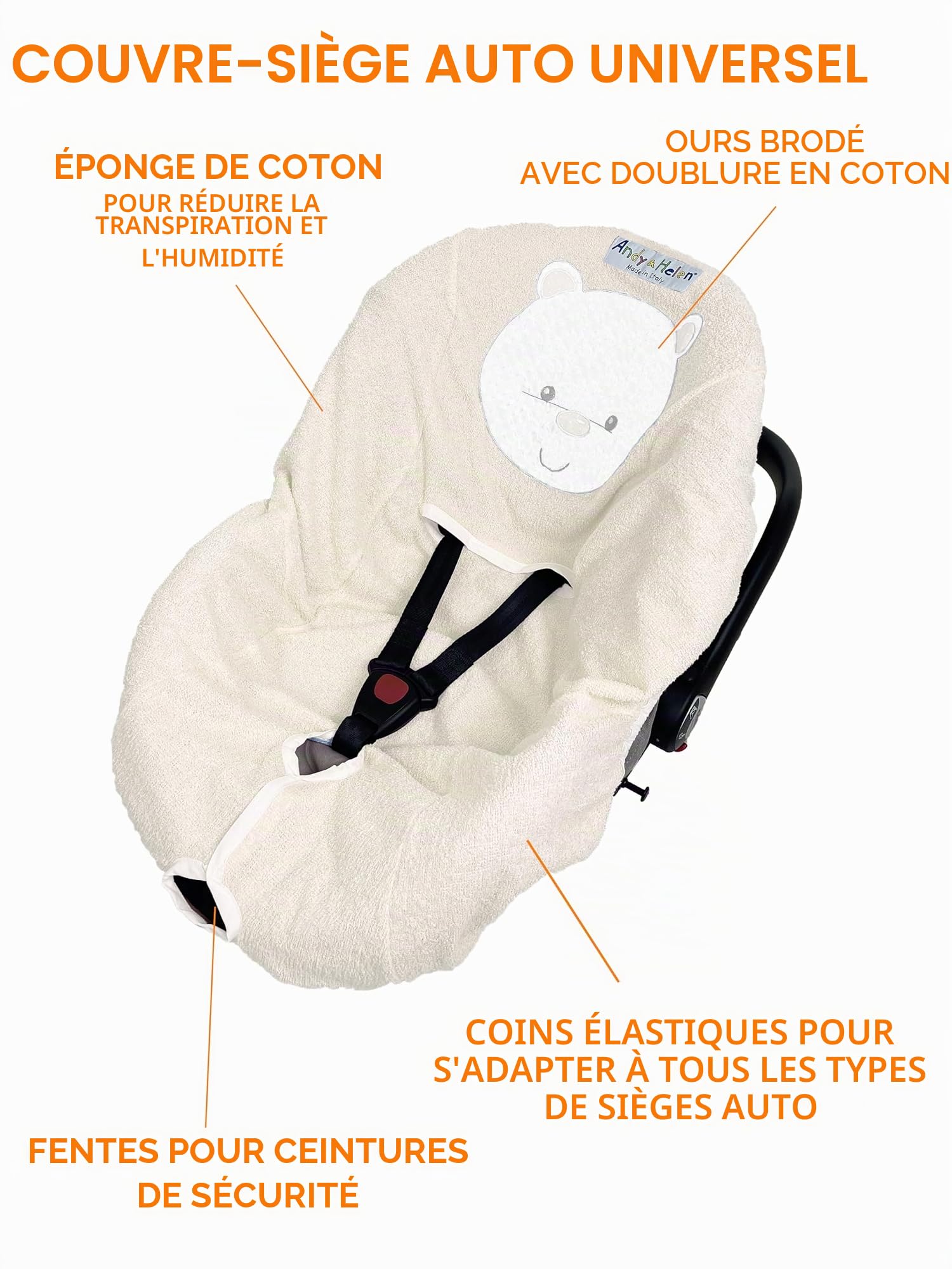 Andy & Helen Housse de siège en éponge brodée. Pratique et Confortable à insérer grâce aux Angles élastiques adhère à Tous Les ovules de Taille Standard - Gris