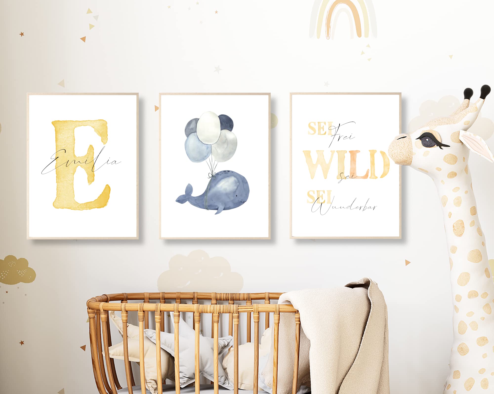 Pandawal Kinderzimmer Bilder mit Spruch und Name Wal 3er Poster- Set für Mädchen und Junge Wandbilder