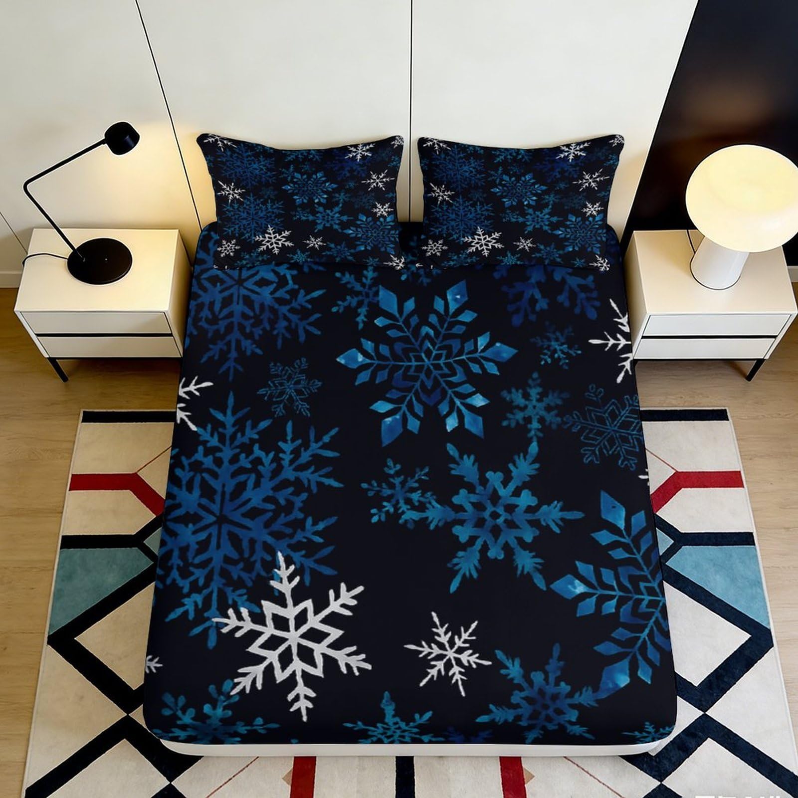Jqzkxnhpbr Style-10 3D Printed Snowflake Fitted Sheet Microfiber Soft Blue Winter Pattern Bed Cover For Bedroom Guest Room Mattress Protection 90X200x25cm
