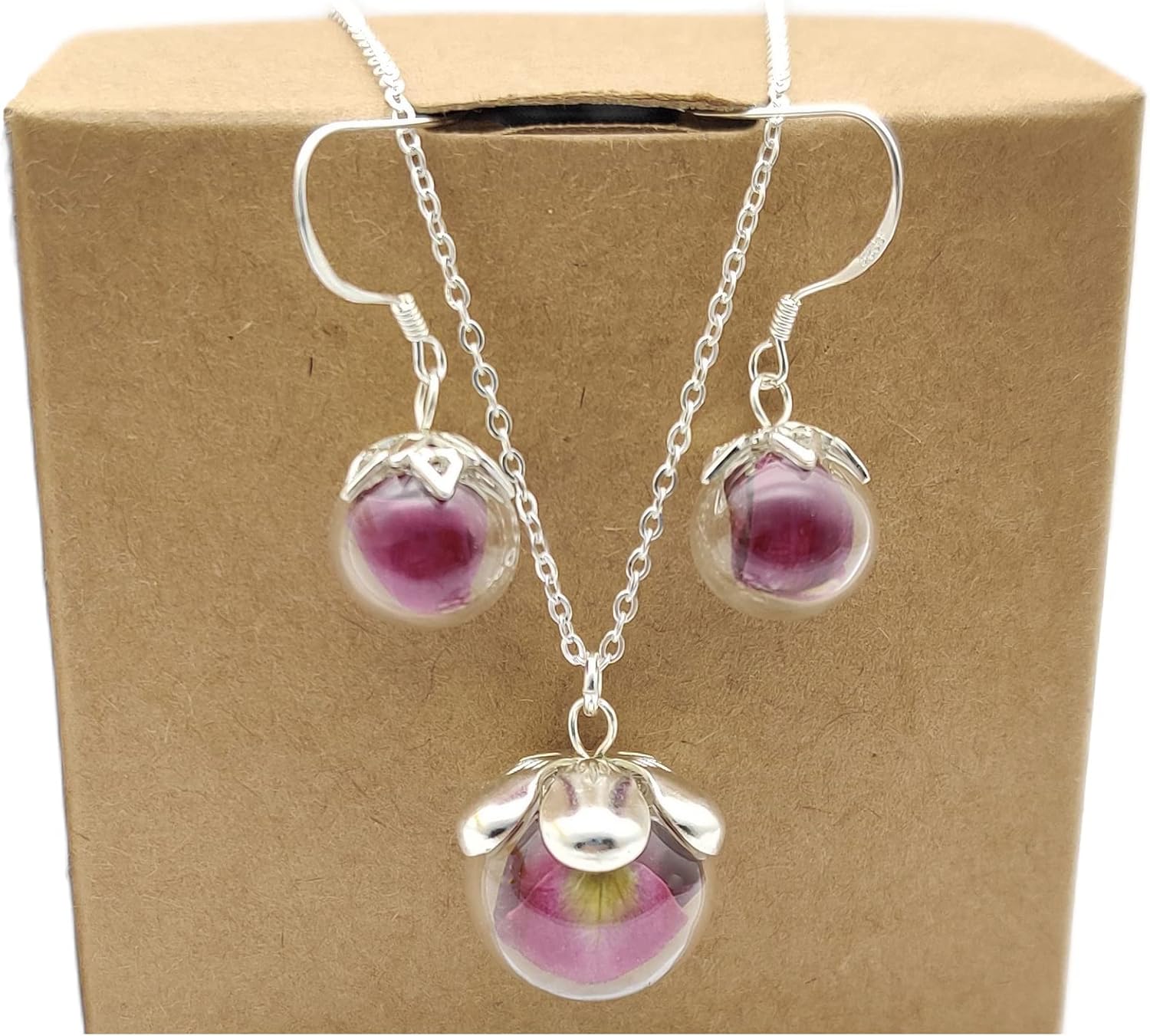 Red Rose Real Flower Glass Ball 925 Sterling Silver Jewelry Sets Necklace Earrings for Women Handmade