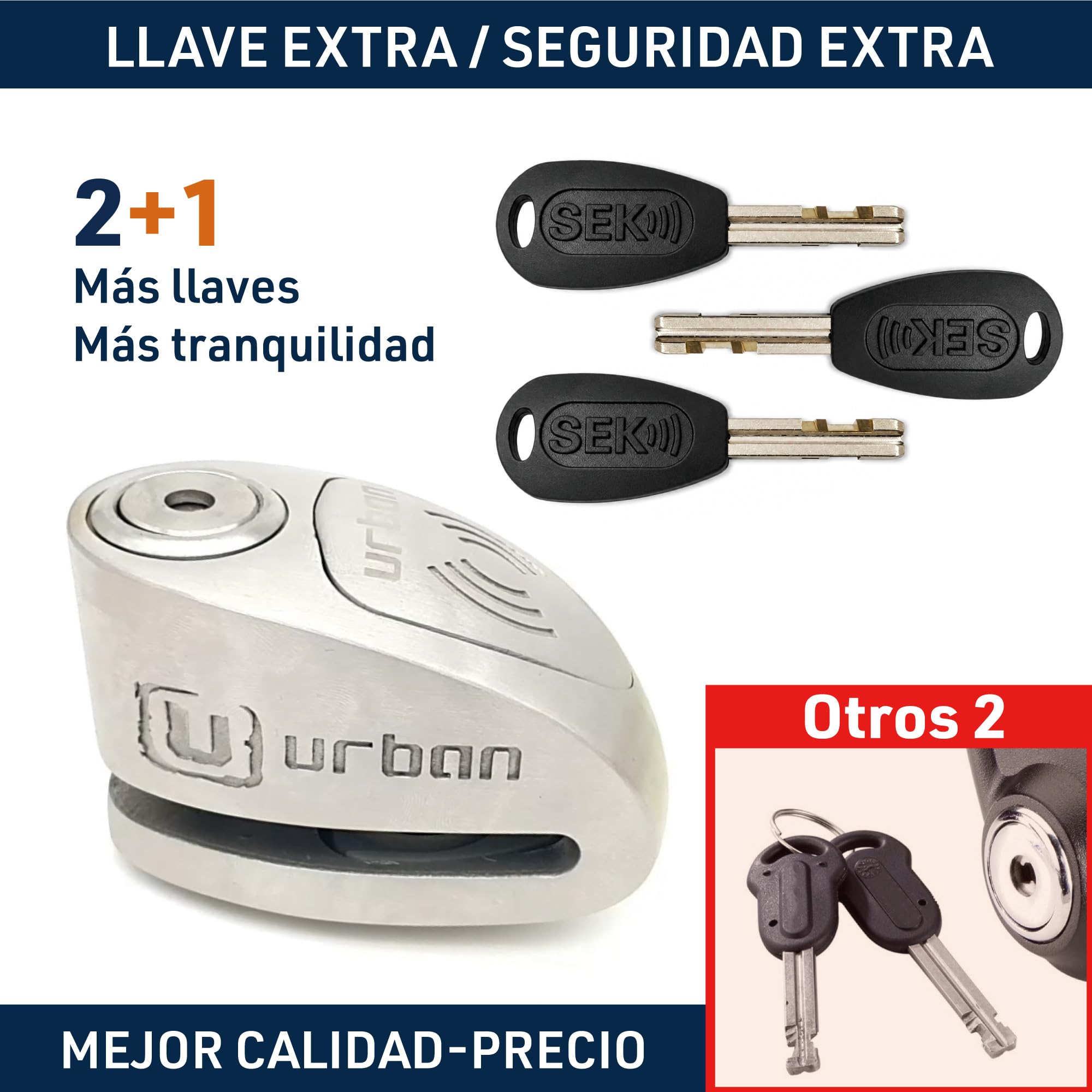 URBAN UR910S Candado Moto Disco Sin o con Alarma X2-ON 120dB, Alta Seguridad Homologado Sra, Doble Cierre 10mm Anti-Sierra, Acero Inoxidable, Pila CR2 Larga Duración, Bloqueo Pinza Antirrobo Scooter