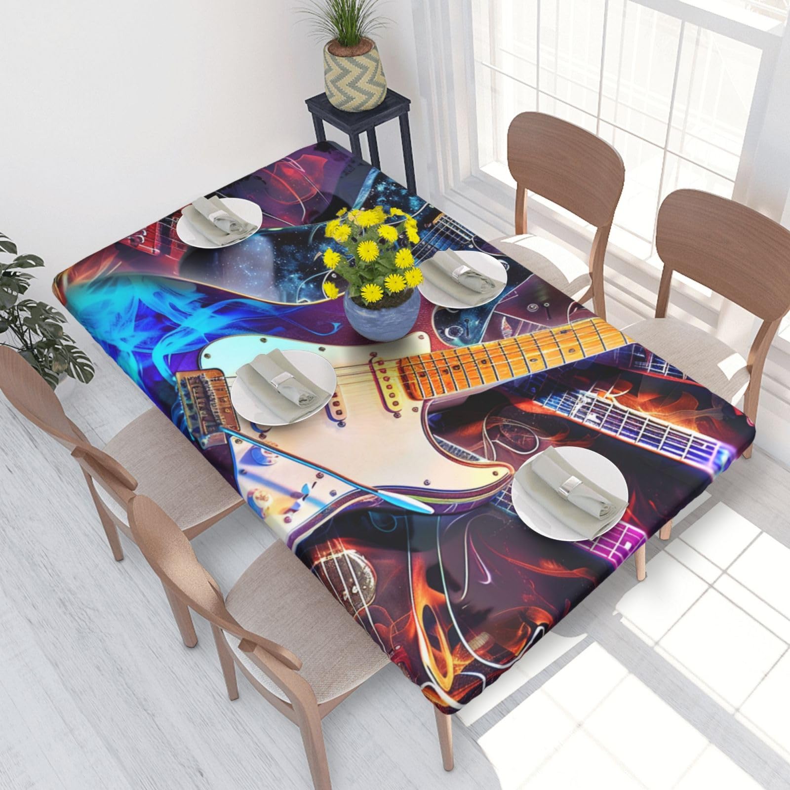 WPKJU Magic Electric Guitar Music Printed Tablecloths 4ft Rectangular Table Covers Washable Polyester Decorative Table Cloth for Dining Table Picnic Wedding