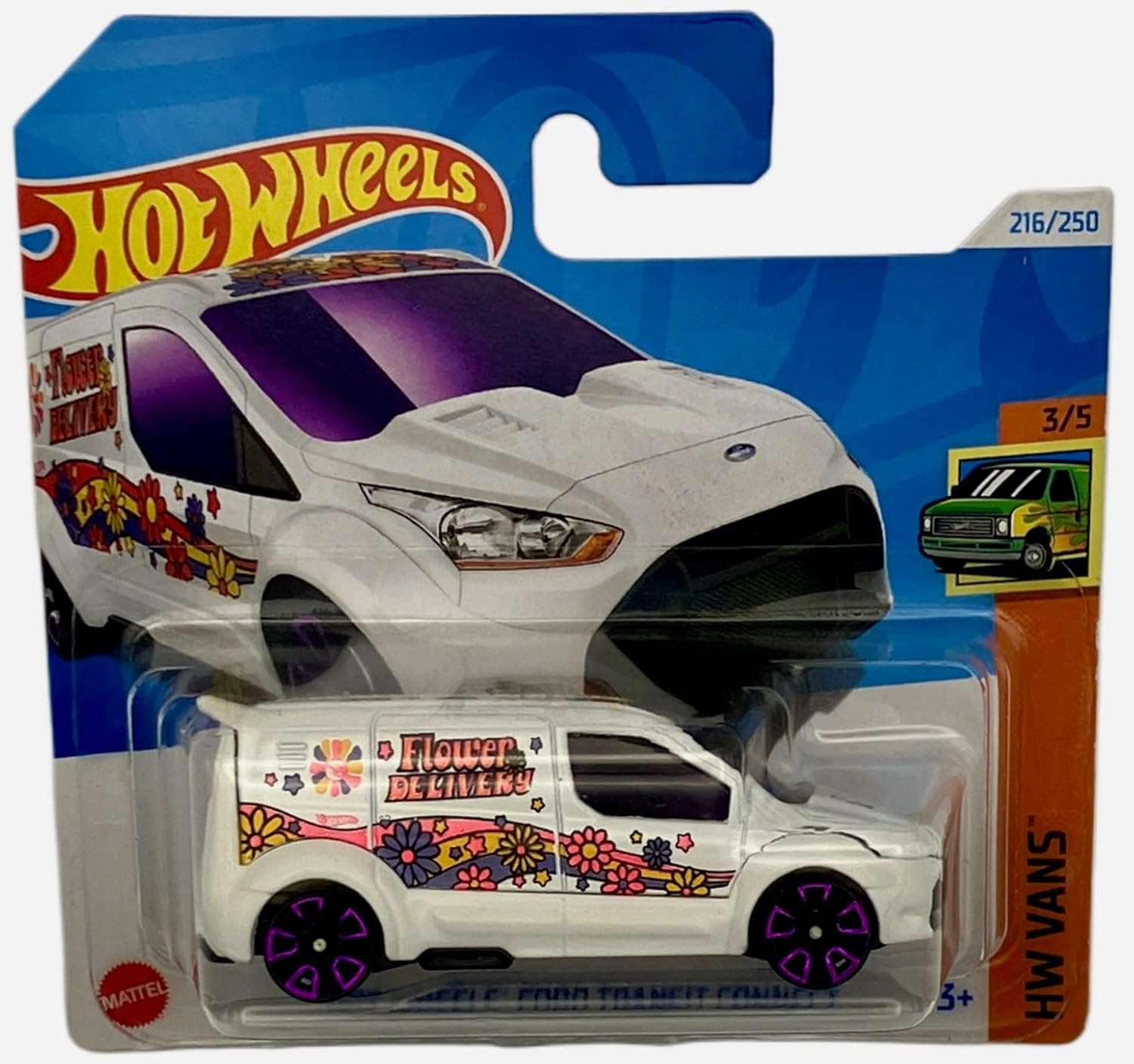 Hot Wheels - Ford Transit Connect - HTF26 - TH - Treasure Hunt - HW Vans 3/5 - White with Flower Design - Mattel 2024 (216/250) - 1:64 - Licensed Model