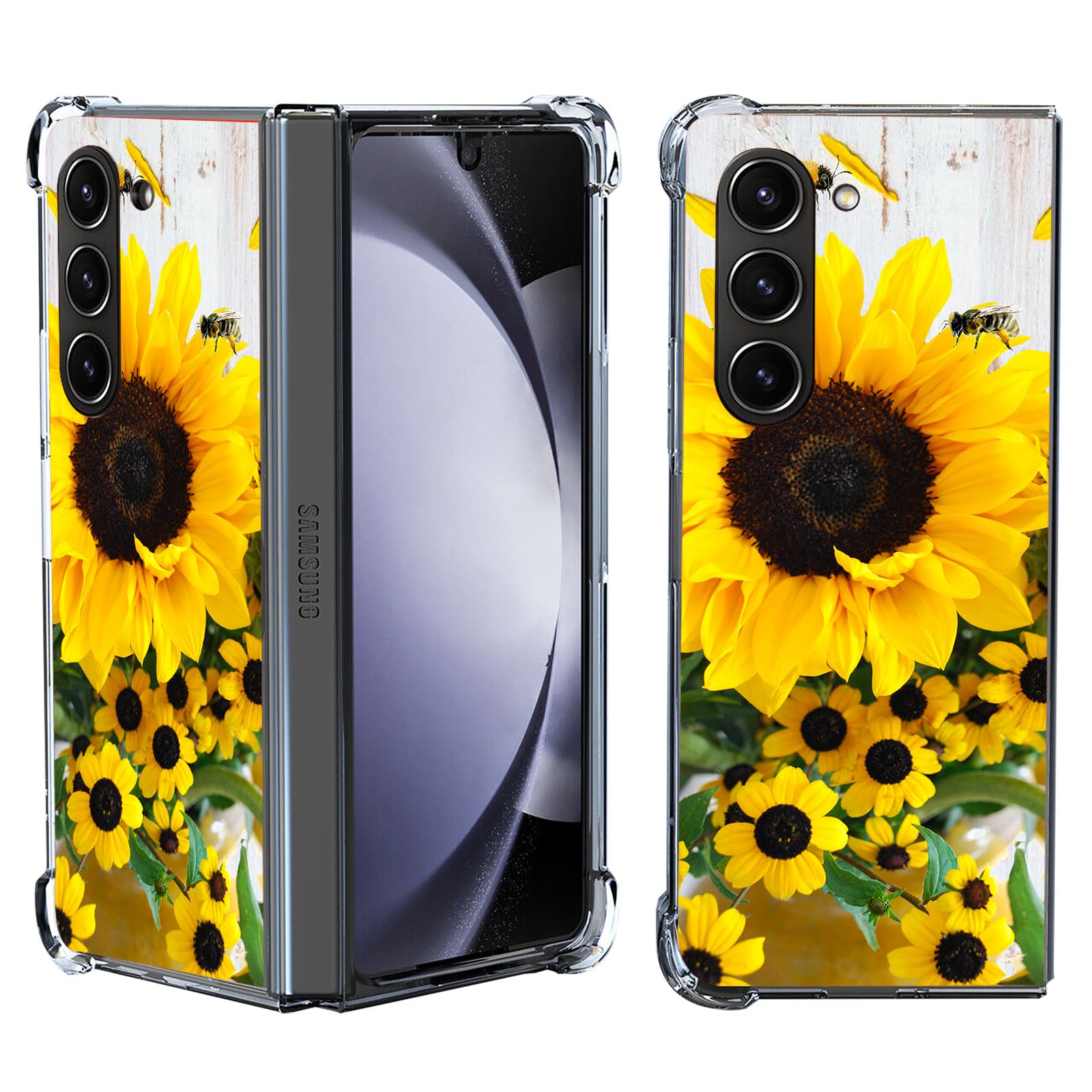 Beaucov Galaxy Z Fold 5 Case,Sunflower Bee Drop Protection Shockproof Case TPU Full Body Protective Scratch-Resistant Cover for Samsung Galaxy Z Fold