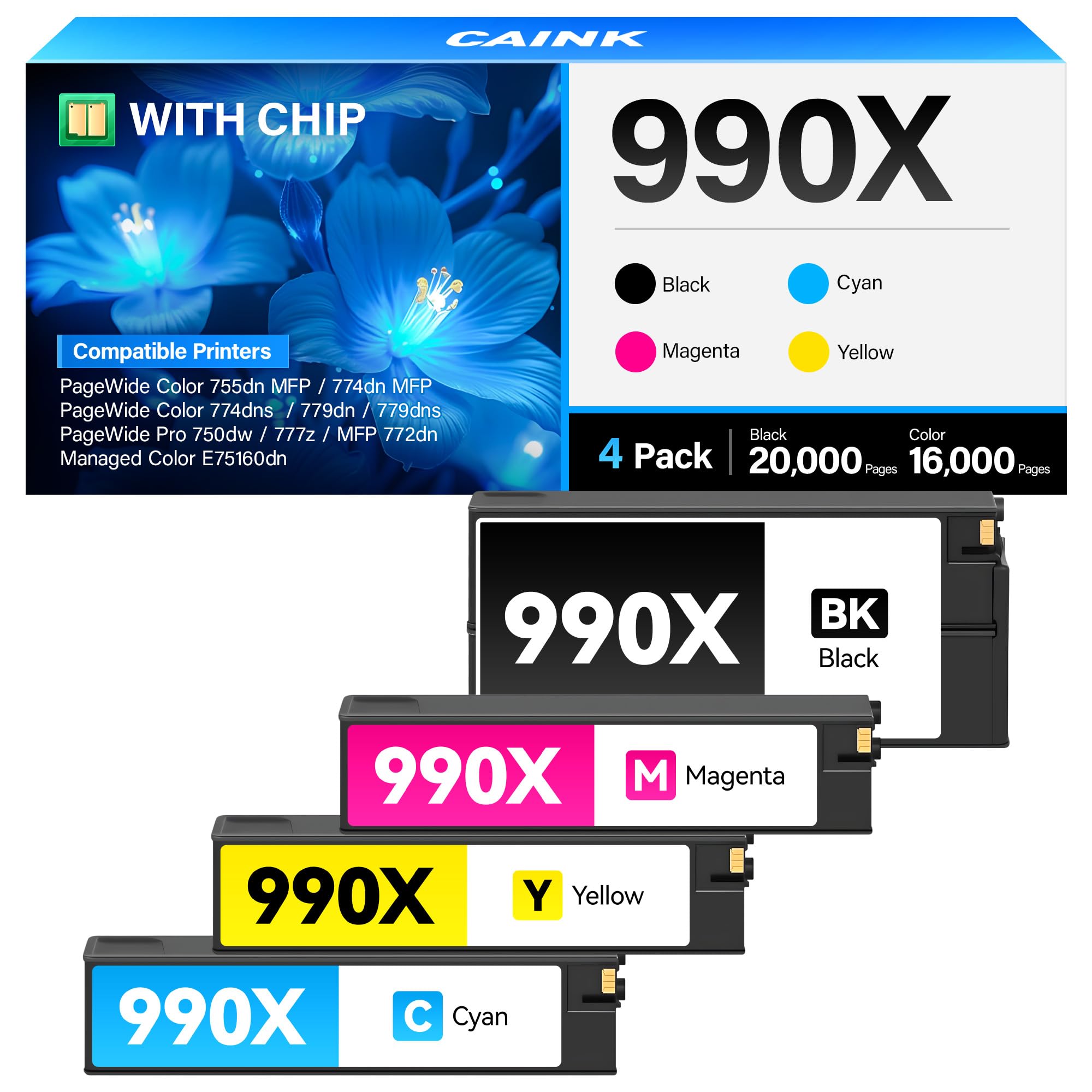 990X Ink Cartridges High Yield 4-Pack Replacement for HP 990X 990A 990XL 990XC Ink Compatible for PageWide 750dw 755dn MFP 772dw 774dn 774dns 772zs 777z 779dn 779dns 772dn Managed E75160dn Printer Ink
