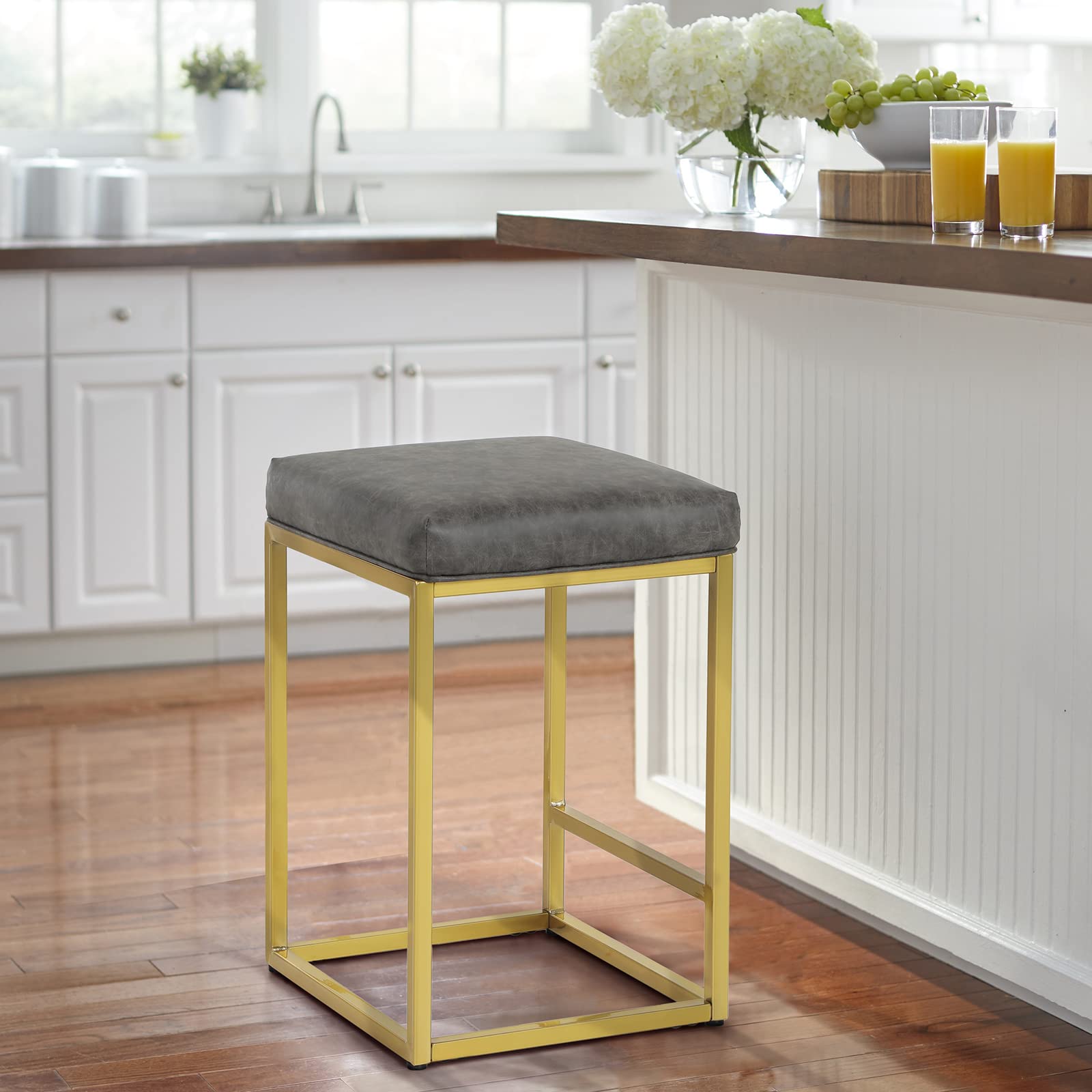 MAISON ARTS Counter Height 24" Bar Stool for Kitchen Counter Modern Gold Barstool Upholstered Faux Leather Square Stool Backless Farmhouse Island Chair,Support 330 LBS,24 Inch,Grey+Gold,1pc