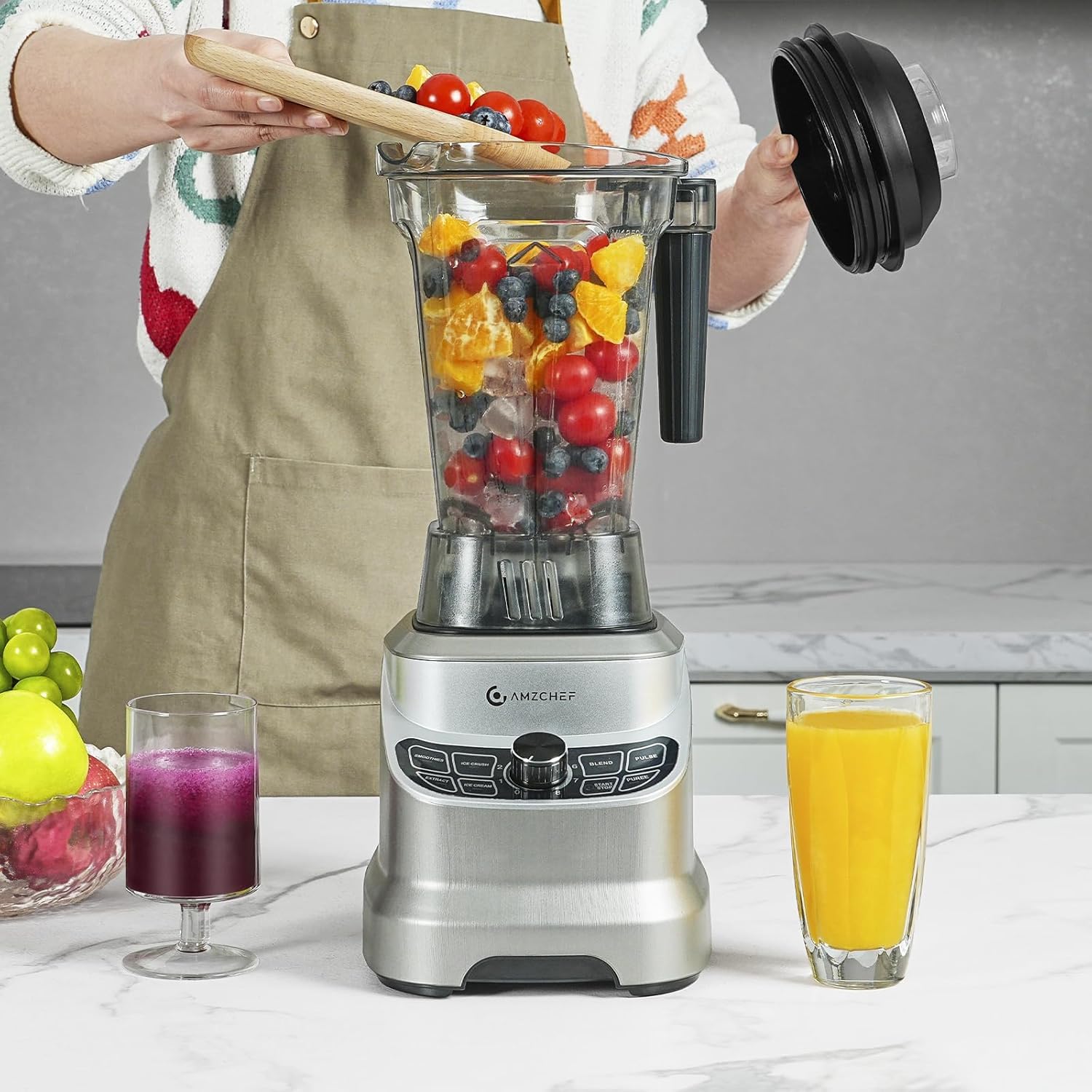 AMZCHEF Frullatore Tritatutto Multifunzione con 8 Velocità Selezionabili, Frullatore Professionale 1800W, Blender 1,85 Litri per Frullati, Smoothie, Tritaghiaccio, Frutta Congelata, Frutta Secca