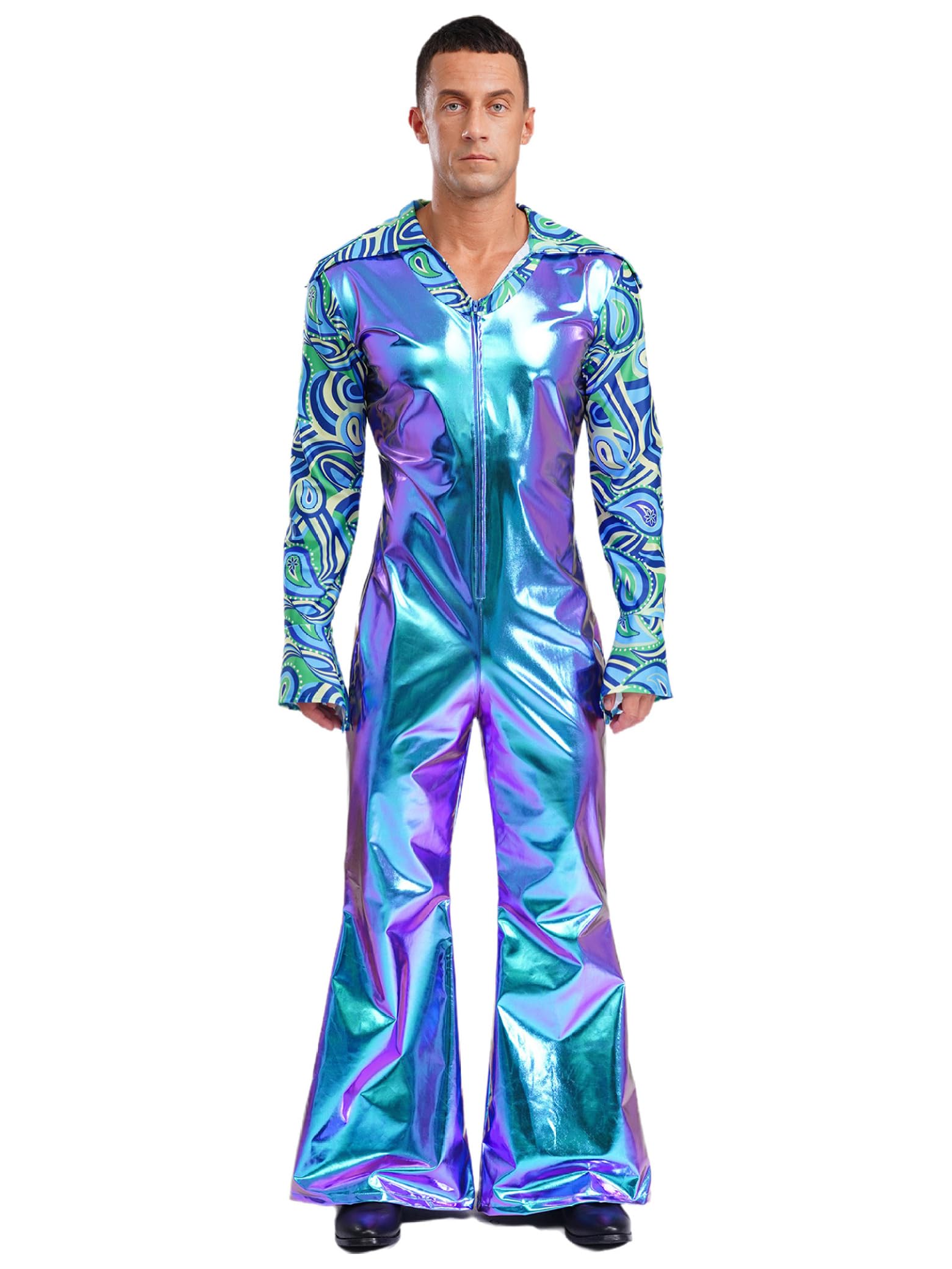 Herren Metallic Jumpsuit Glitzer 70er 80er Jahre Hippie Disco Outfit Overall Mit Schlag Festival Party Fasching Clubwear