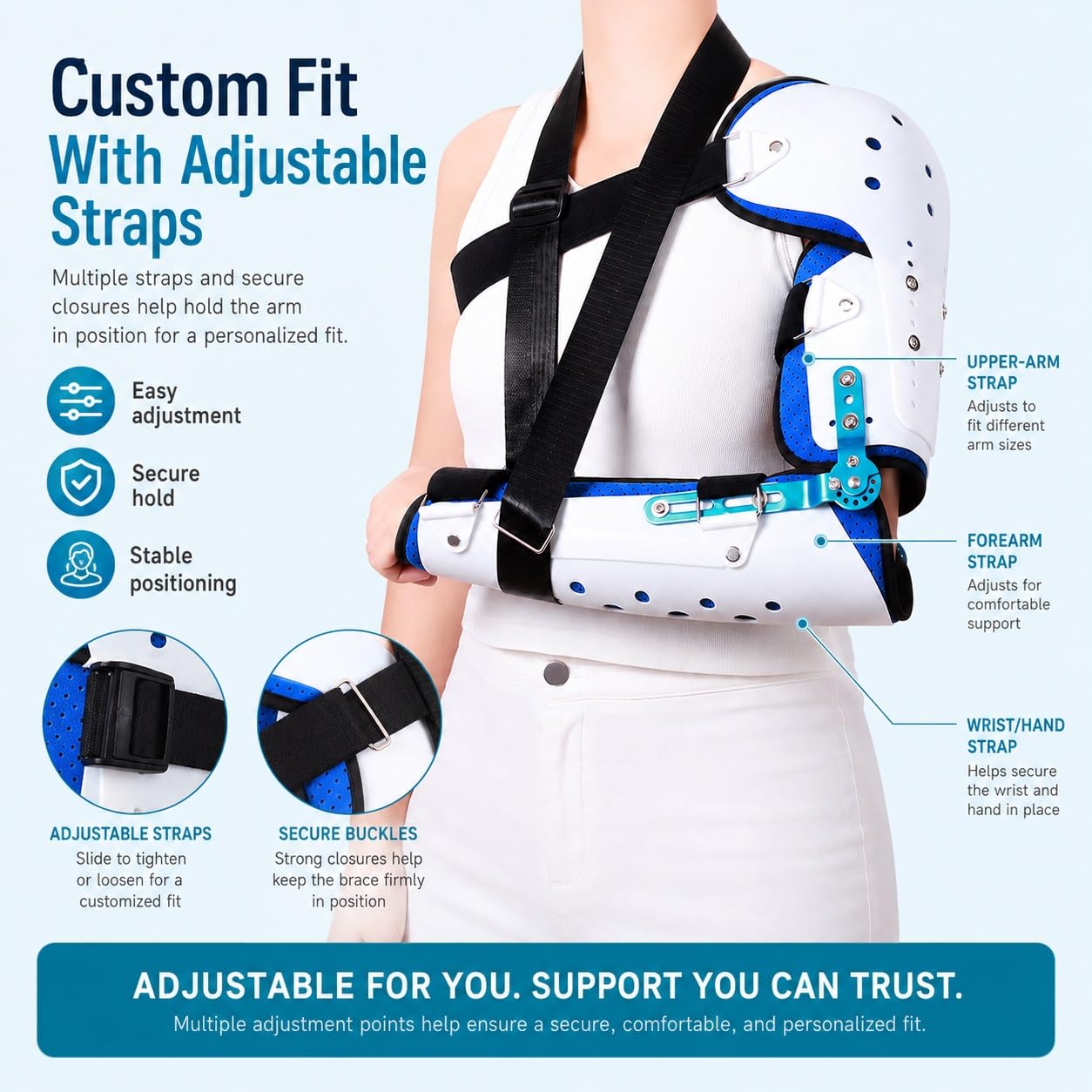 Codo Articulado ROM Ajustable Inmovilizador de Brazo Postoperatorio con Soporte de Hombro para Fracturas Cirugía Túnel Cubital Lesiones de Ligamentos y Tendones(Bien)