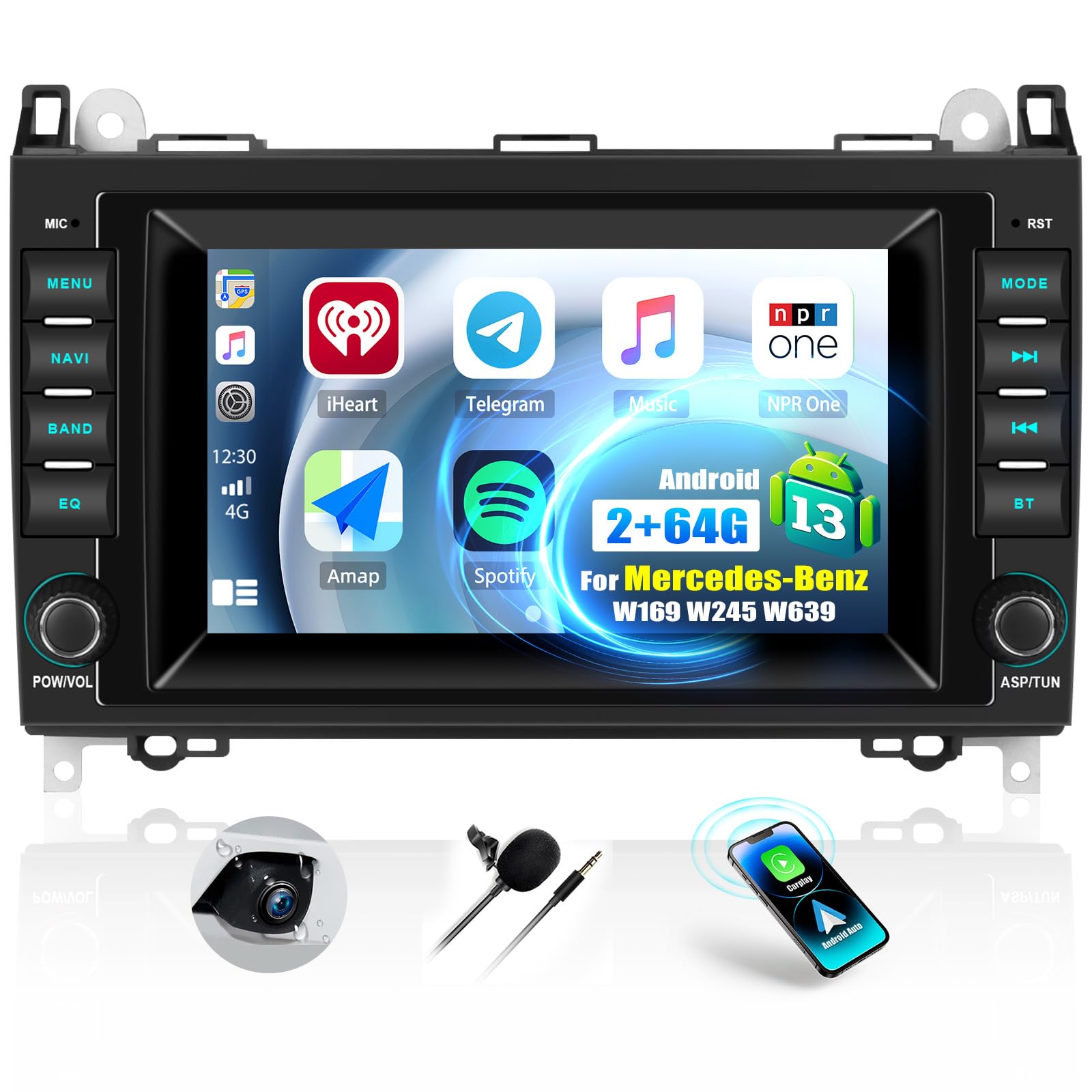 2G+64G Android 13 Autoradio Mit Bildschirm 7 Zoll für Mercedes-Benz A-Klasse W169/B-Klasse W245/Viano/Vito W639/Sprinter W906 Doppel Din Radio Carplay Android Auto mit WiFi/GPS/Bluetooth/FM RDS/EQ/SWC