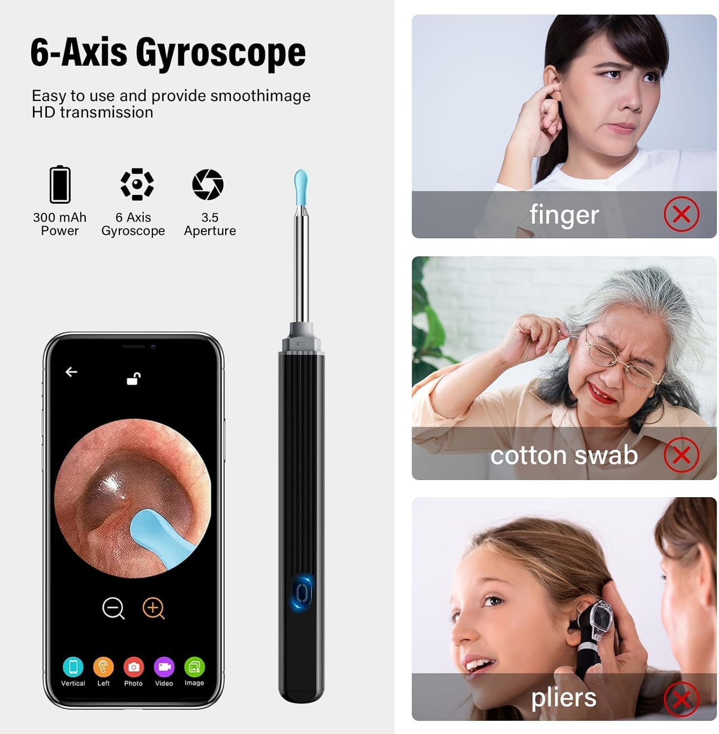 Otoscope Oreille avec caméra 1080P HD 3,5 mm étanche 6 Lumières LED pour Smartphones et Tablettes IOS Android Noir