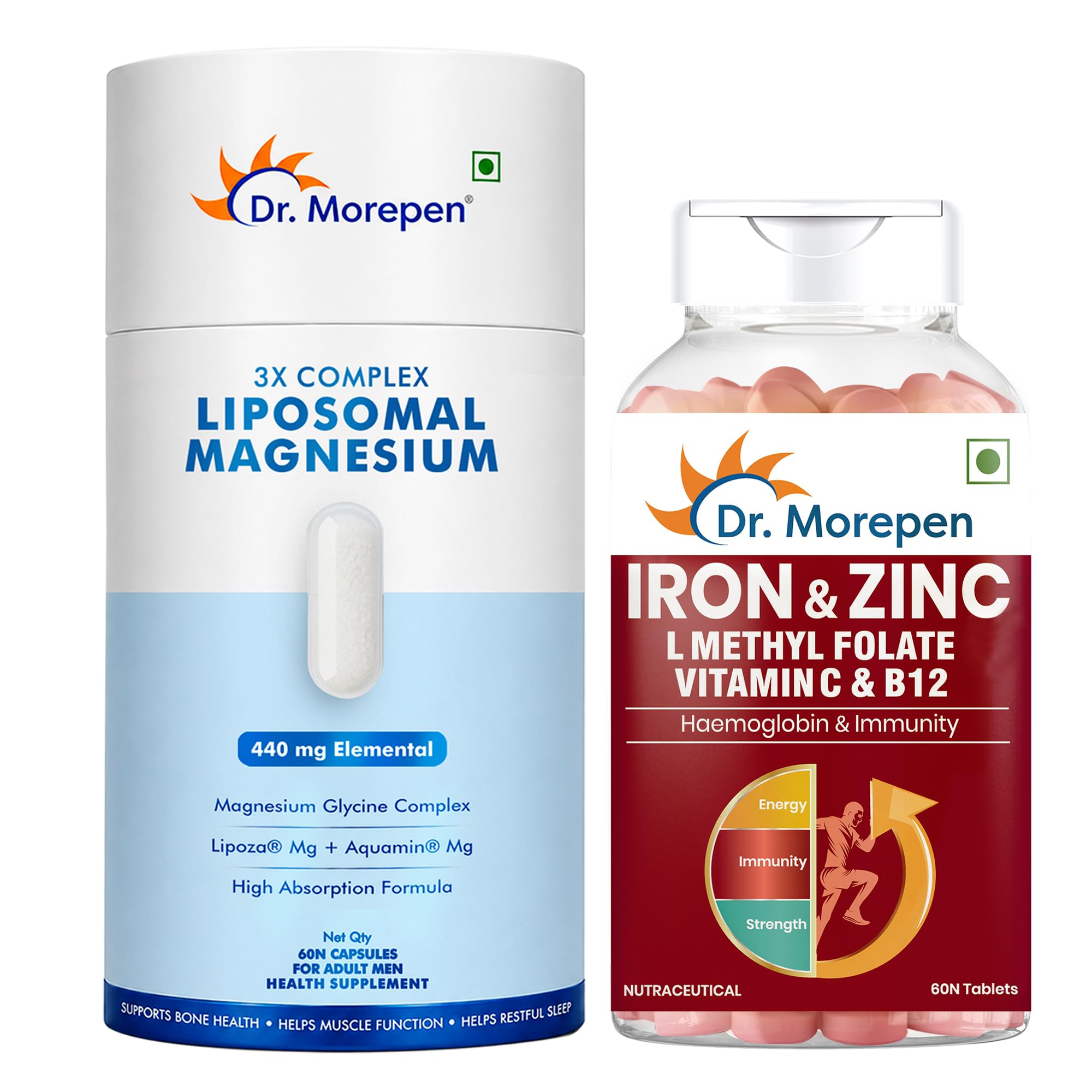 Dr. Morepen Liposomal Magnesium Complex 440mg with Aquamin®, Magnesium Glycinate, Vitamin D2, K2-7, B6 & B12 + Iron & Zinc Tablets with Vitamin C & B12 for Men & Women | Daily Wellness Combo-image-12