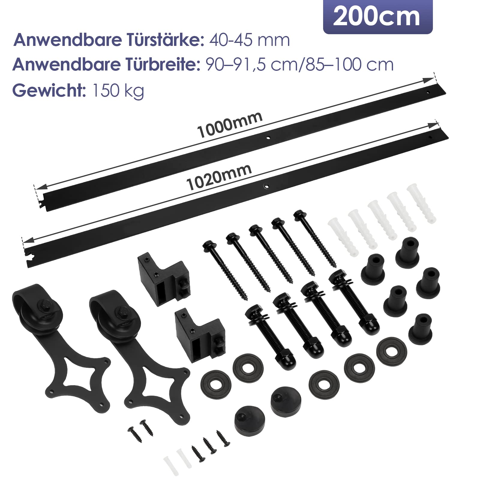 Okucie do drzwi przesuwnych, akcesoria do drzwi przesuwnych, zestaw z rolkami jezdnymi i szyną do drzwi przesuwnych, akcesoria, stal węglowa, czarny, 200 cm, diament