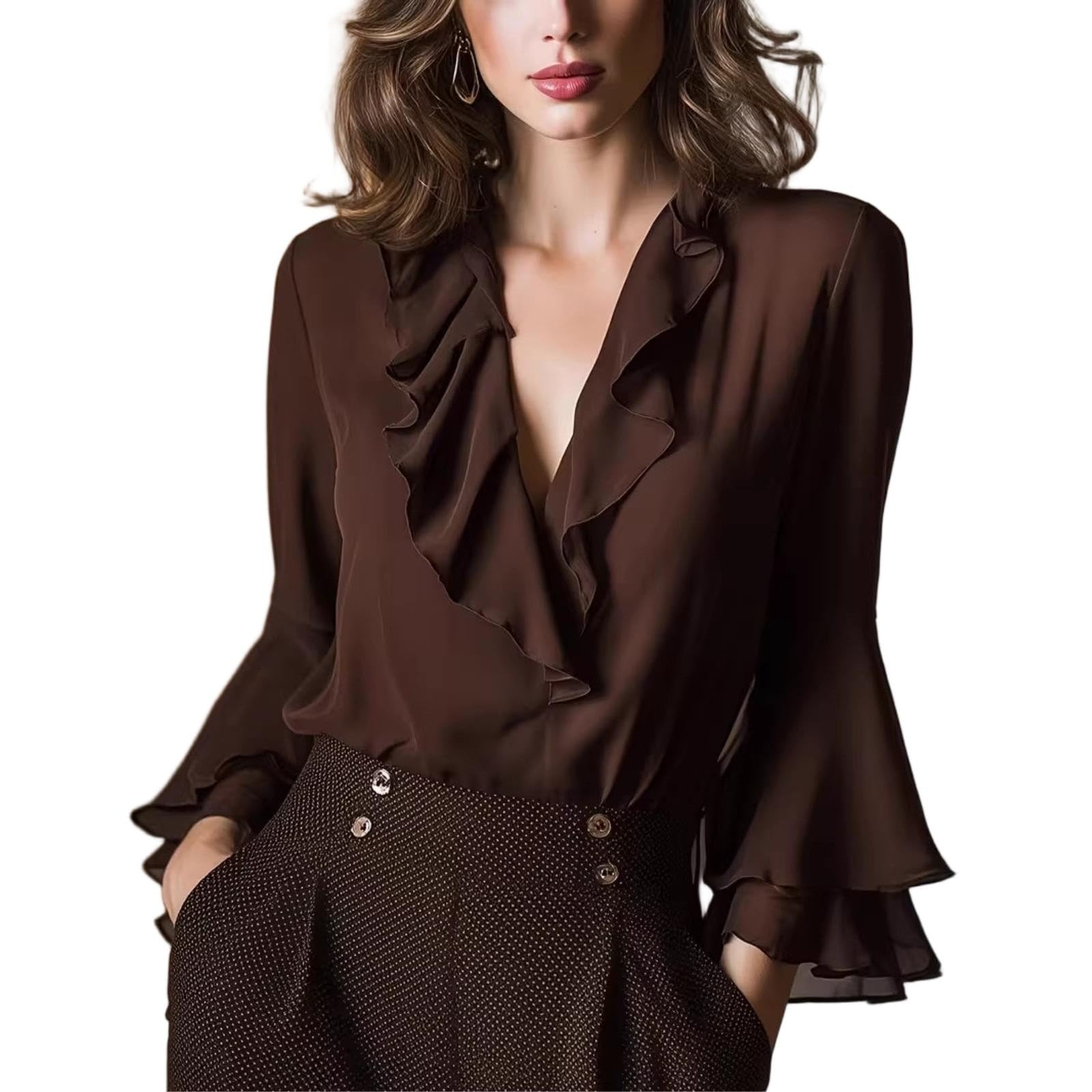 LKSCY - Camicetta da donna con scollo a V, in chiffon, con maniche a balze, vestibilità ampia, per lavoro, ufficio, tunica elegante