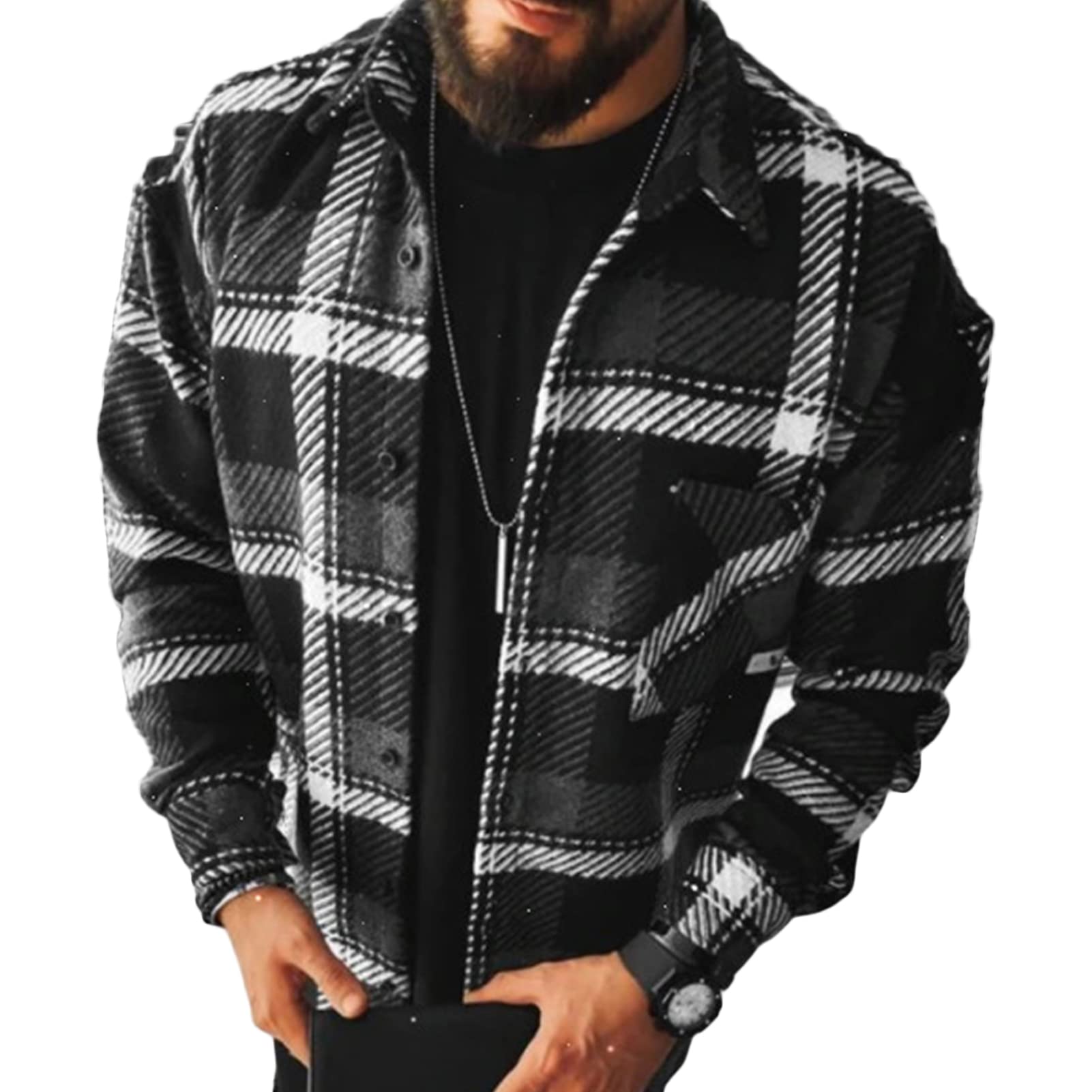 Maiyifu-GJ Men's Flannel Plaid Shirt Jackets Long Sleeve Checkered Button Down Shirts Regular Warm Outdoor Tops with Pocket (Black 2,Medium)