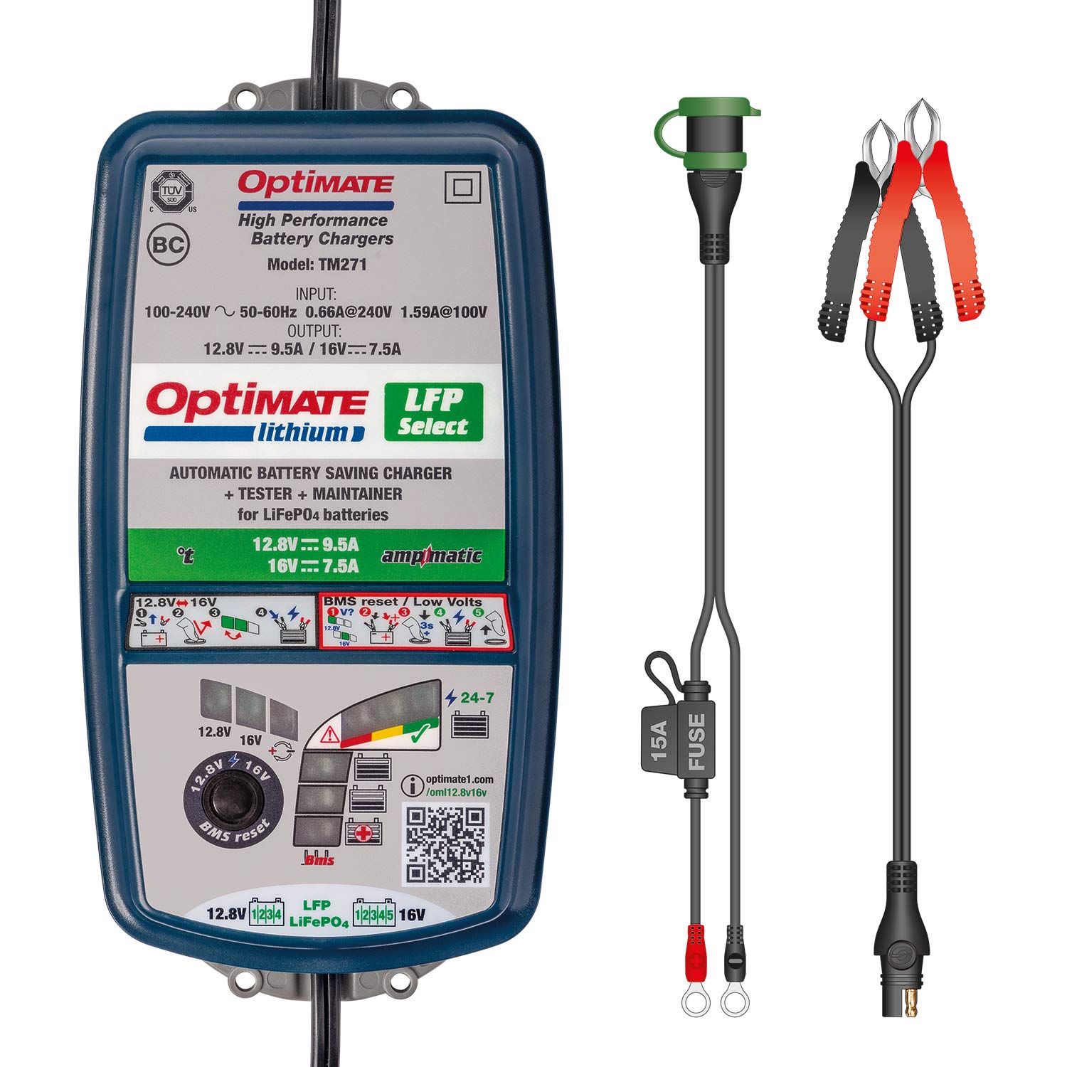 OptiMate Lithium LFP Select Caricabatterie 12.8V / 16V 9,5A – Caricatore Intelligente a 10 Fasi per batterie LiFePO4 con Reset BMS e Test Batteria – per Moto, Auto e powersport (18 × 10 × 6 cm)