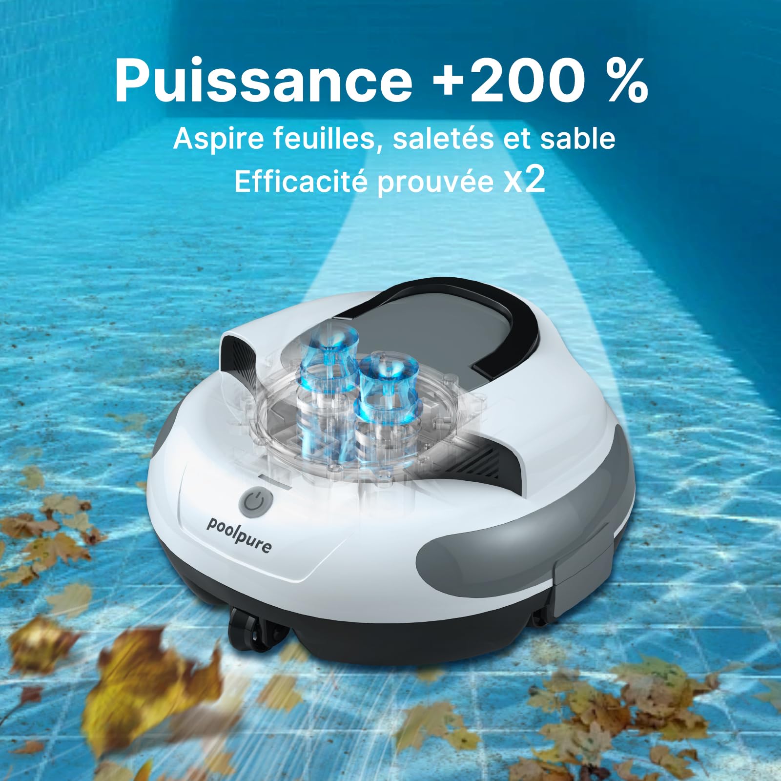 POOLPURE 2026 Robot Piscine sans Fil Aspirateur de Piscine Automatique avec Capteurs Hall, Autonomie 100 Min, 5000mAh, pour Piscine Hors Sol et Enterrée jusqu'à 90m², Système de Roues Innovant