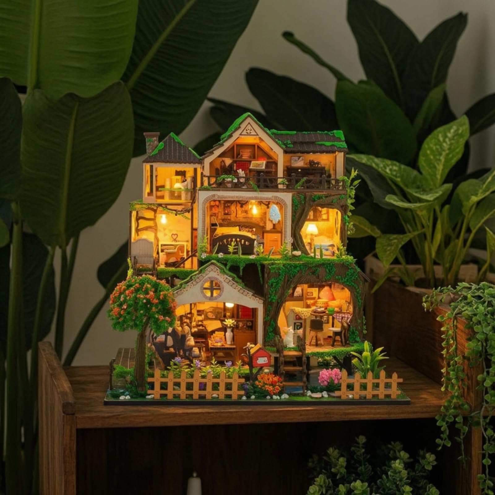 Gralara Casa in Miniatura Fai da Te Luminoso Casa in Miniatura Decorativo Miniature Angolo Libreria con Luci per Collezionisti, Libreria, Scrivania, Soggiorno, L2501童话森林-中文包装