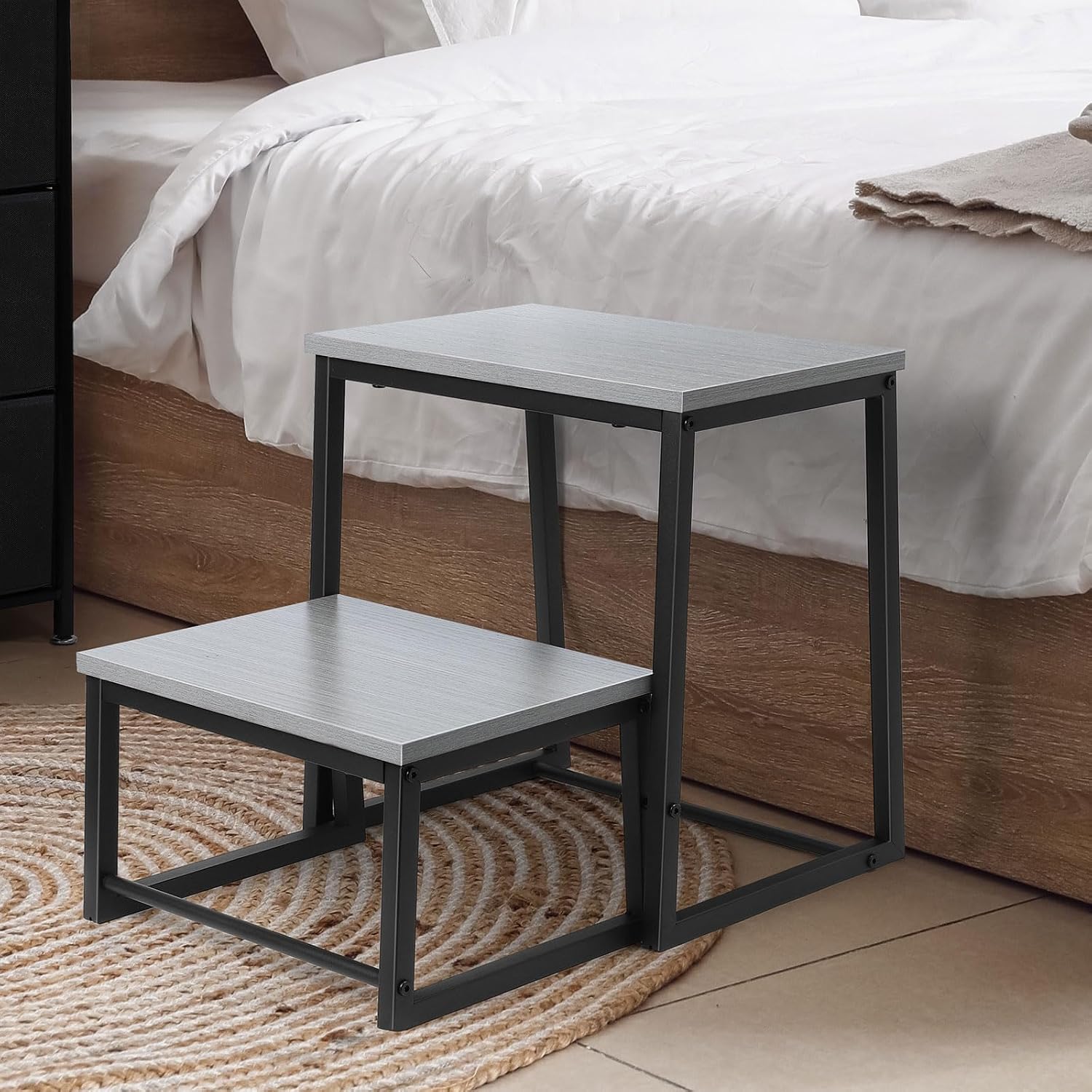 LIANTRAL Step Stool for Adults, 2 Step Stool, Steel & Sturdy Wooden Step Stool Helper, Supports Up to 500lb, Foot Stool for High Bed Kitchen Bathroom (Grey), Gray