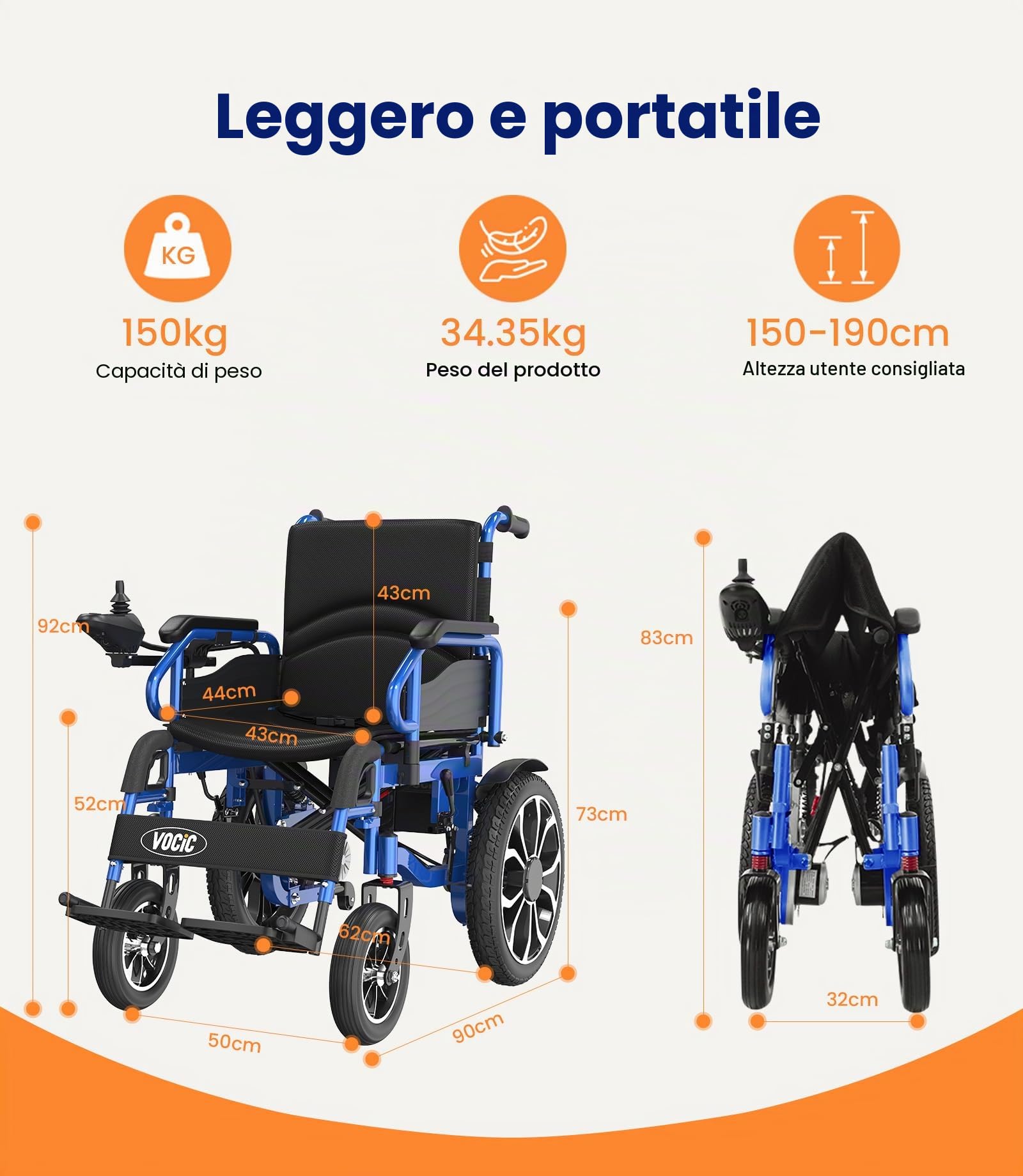 VOCIC V56 Sedia a rotelle elettrica pieghevole leggera 150KG,30KM sedia a rotelle elettrica stabile con pneumatici in gomma 40CM per tutti i terreni,Approvato dalla compagnia aerea (Blu)